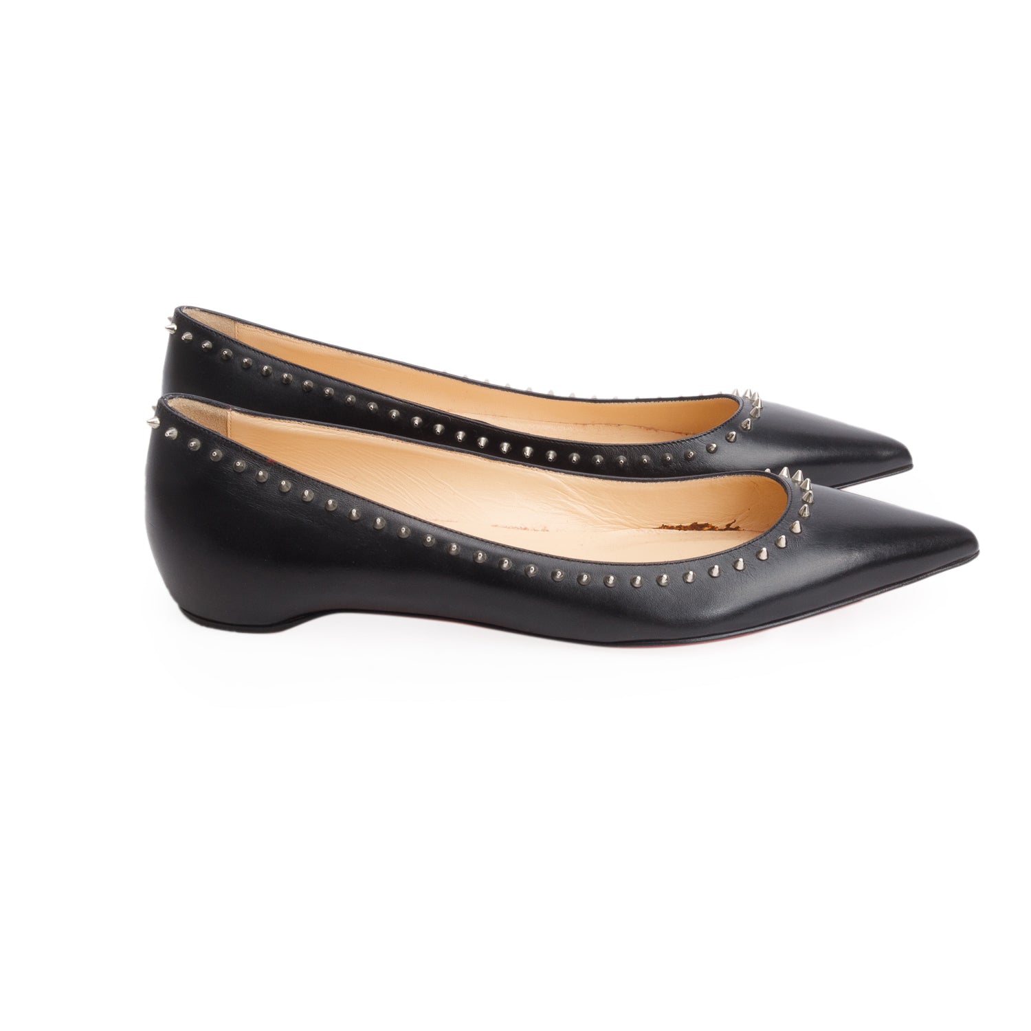 Christian Louboutin Black Nappa Leather Spike Flats, Women's Size 37.5