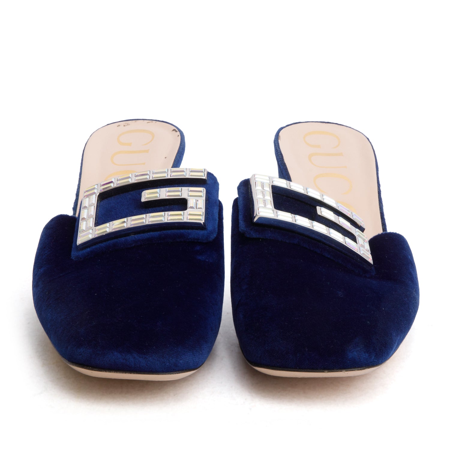 Gucci Blue Velvet Madelyn Crystal Logo Mules Sandals, Women's Size 37.5