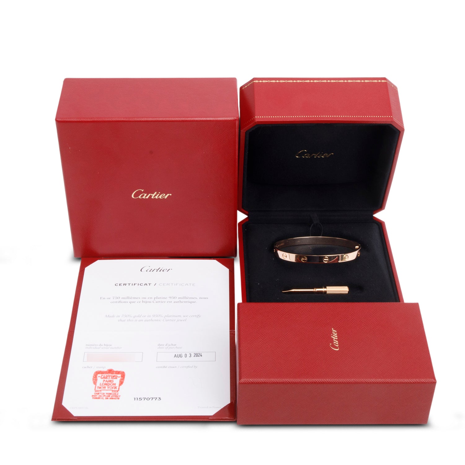 Cartier 2024 18k Rose Gold Love Bracelet, Classic Model, Size 19 w/ Box, Receipt & Certificate