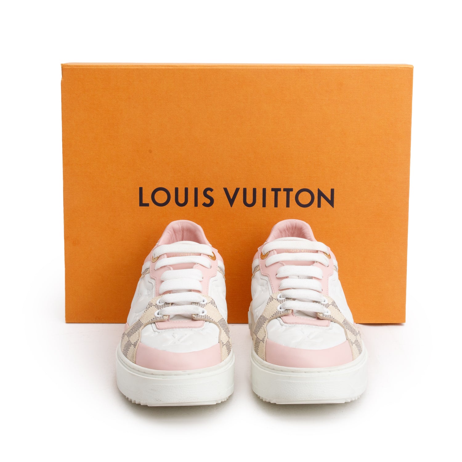 Louis Vuitton White Monogram Embossed Calfskin Damier Azur Time Out Sneakers, Women's Size 39 w/ Box