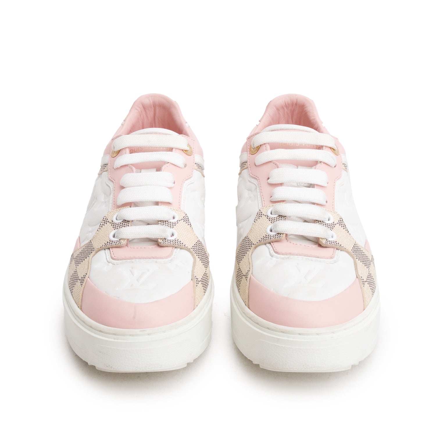 Louis Vuitton White Monogram Embossed Calfskin Damier Azur Time Out Sneakers, Women's Size 39 w/ Box
