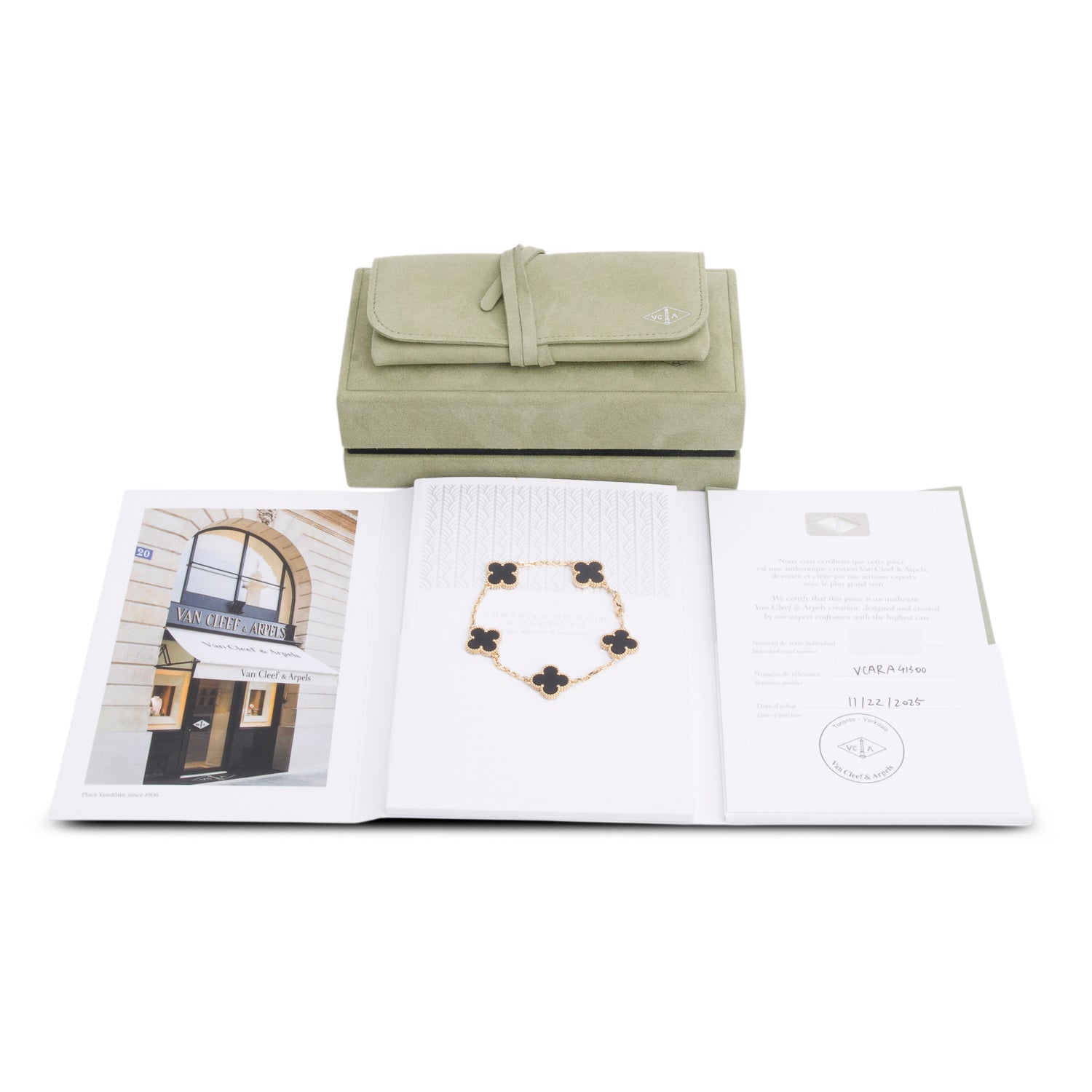 Van Cleef & Arpels 2025 18k Yellow Gold Vintage Alhambra 5 Motif Onyx Bracelet w/ Box, Receipt & Certificate