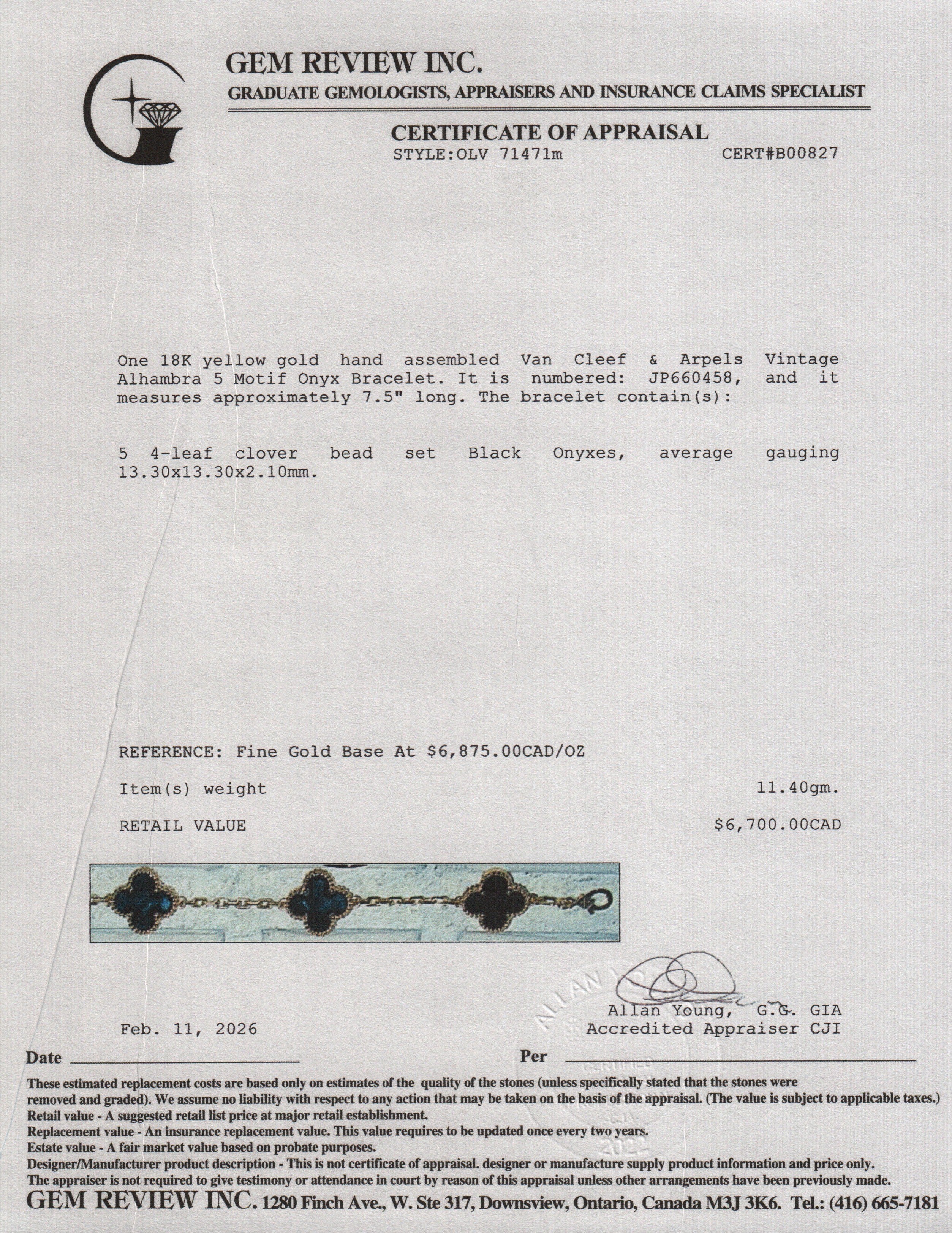 Van Cleef & Arpels 2025 18k Yellow Gold Vintage Alhambra 5 Motif Onyx Bracelet w/ Box, Receipt & Certificate