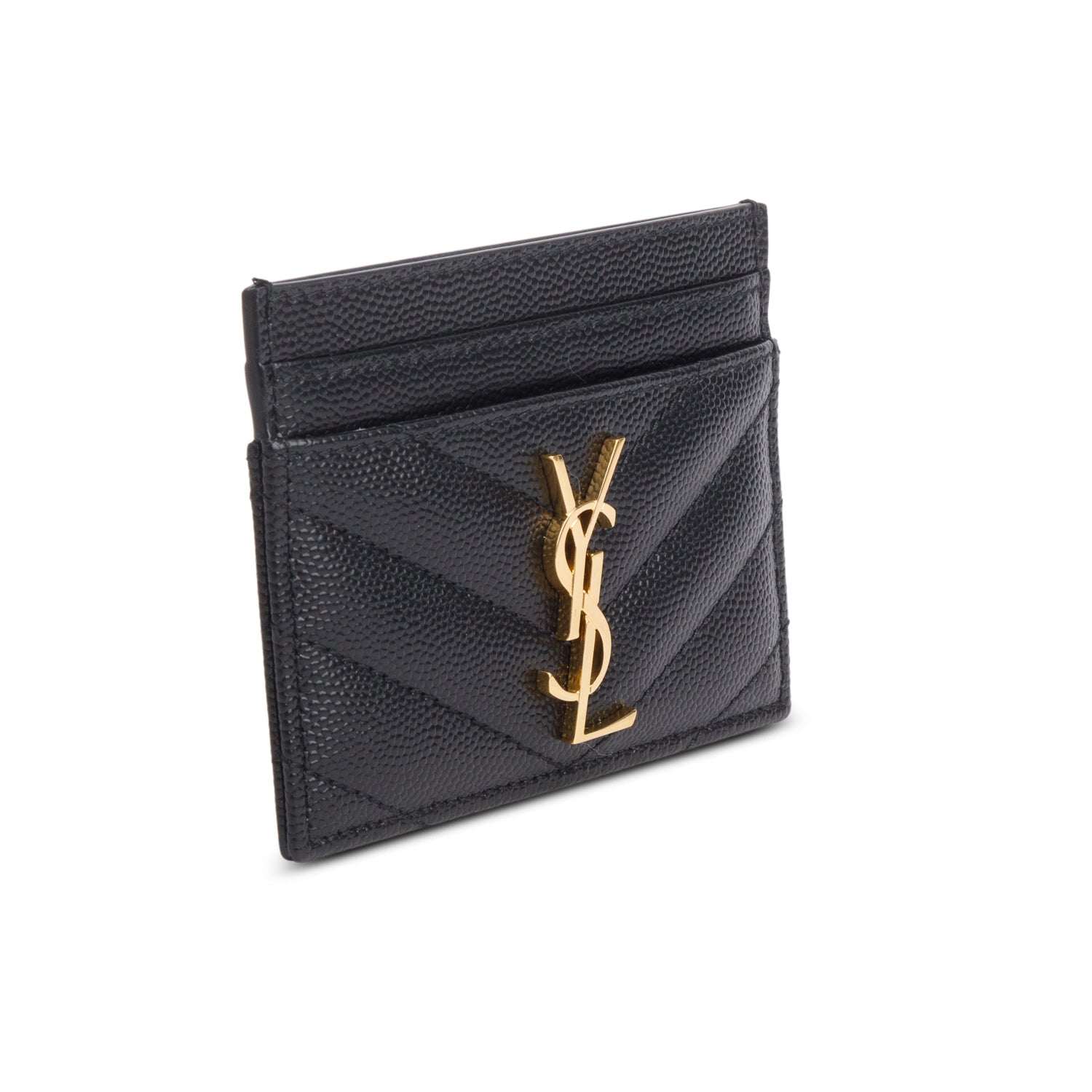 Saint Laurent 2025 Black Grain de Poudre Chevron Cassandre Card Holder w/ Box & Receipt
