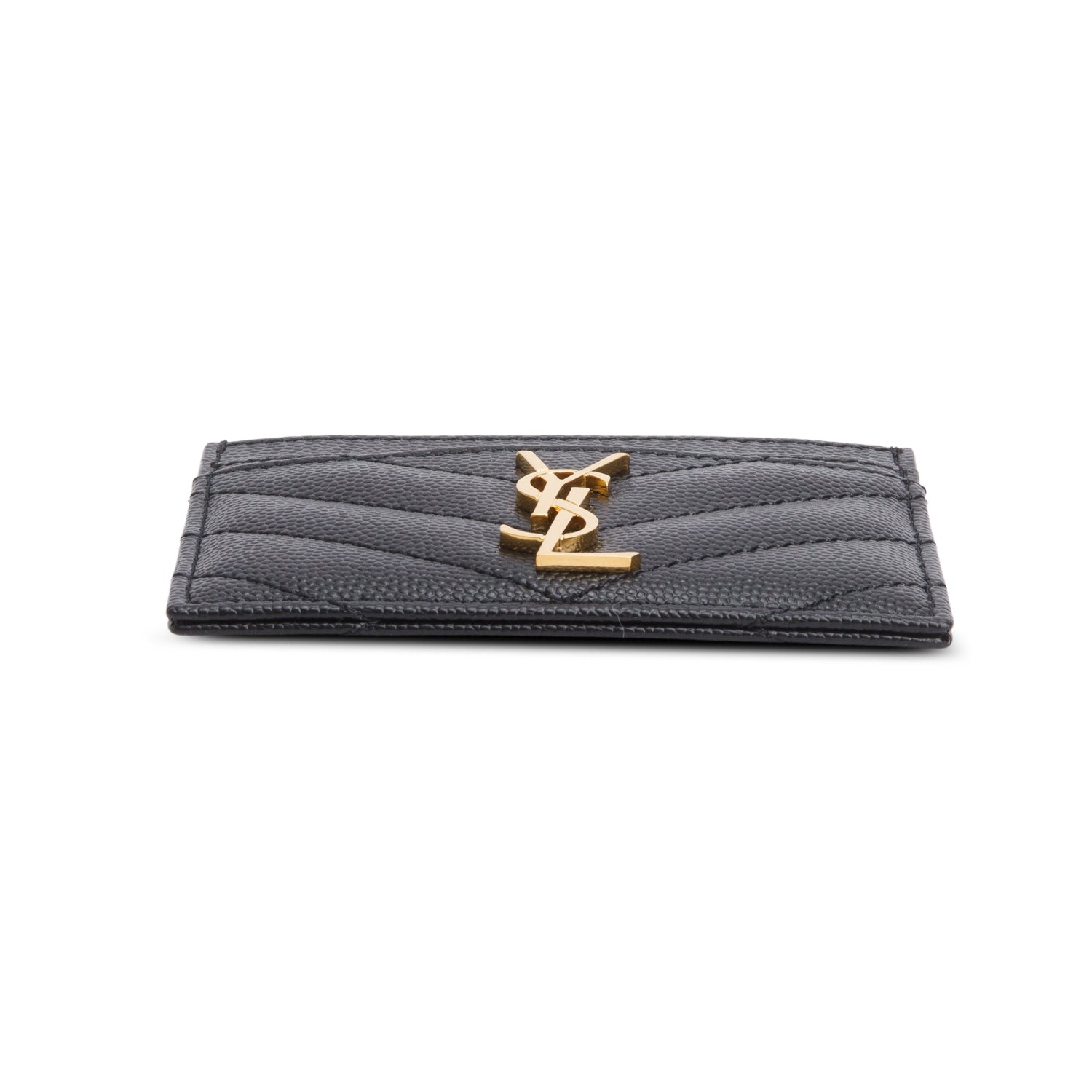 Saint Laurent 2025 Black Grain de Poudre Chevron Cassandre Card Holder w/ Box & Receipt