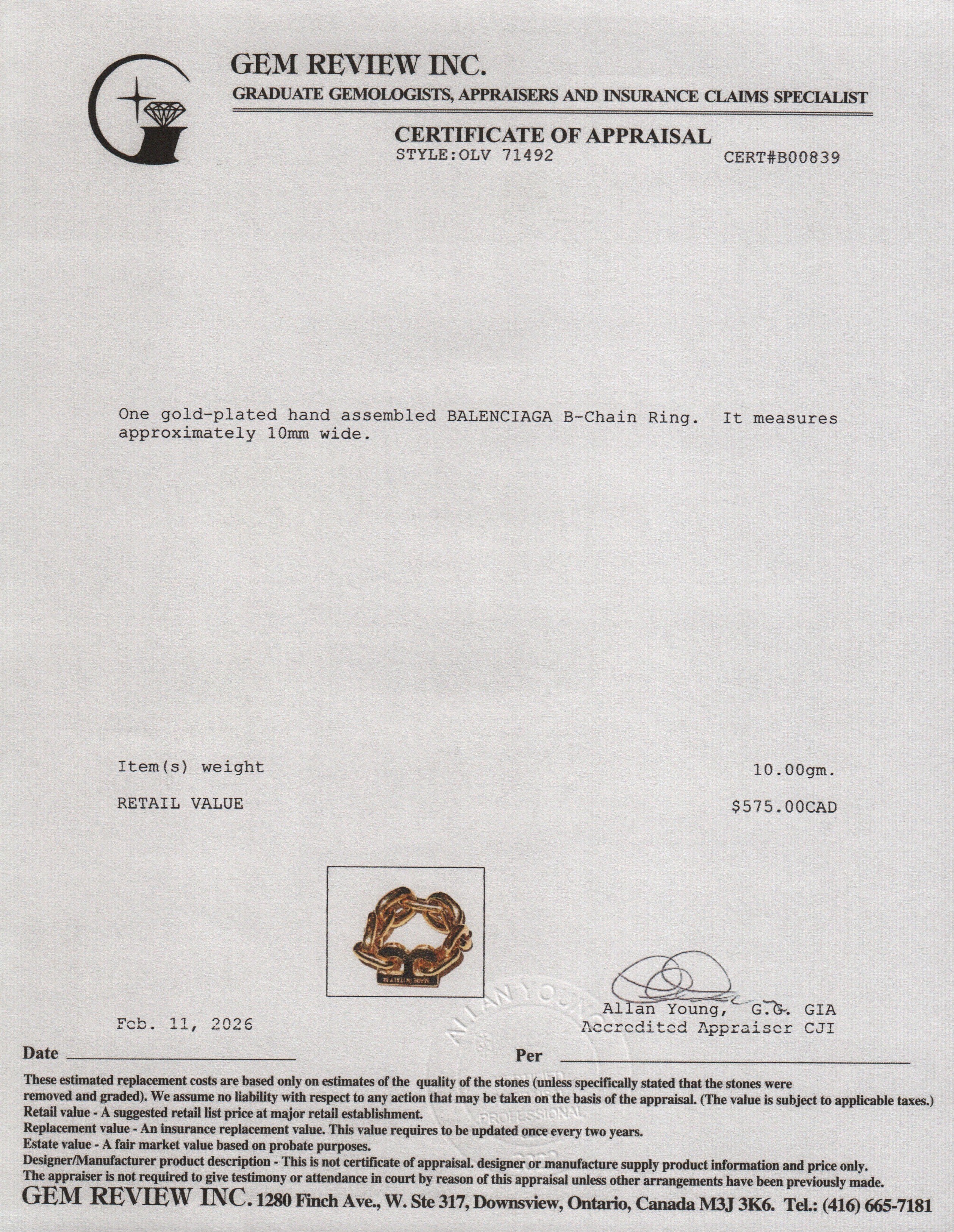 Balenciaga Gold-Plated B-Chain Ring, Size 54 5.75 w/ Box