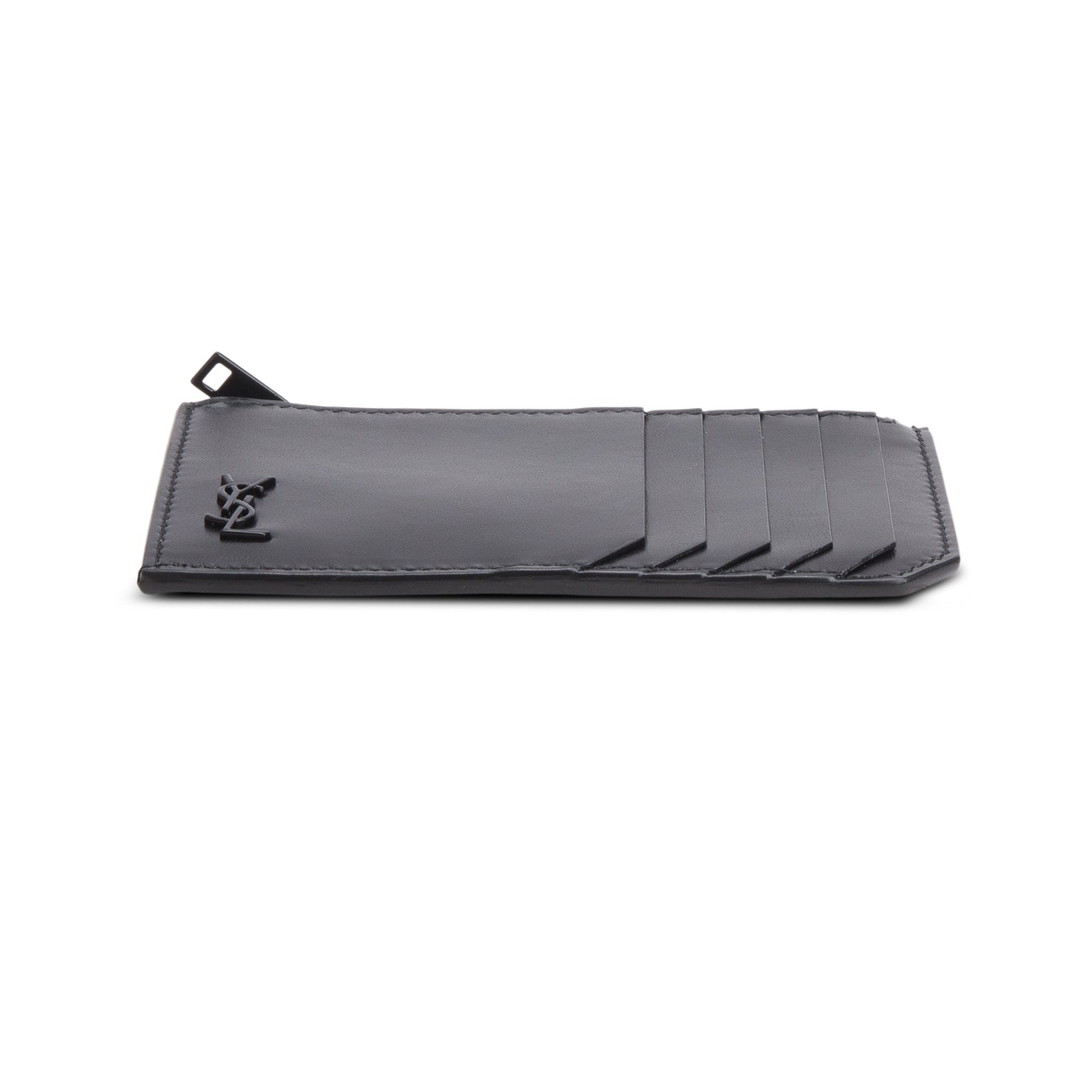 Saint Laurent 2020 So Black Calfskin Tiny Cassandre Fragments Zipped Card Case w/ Box