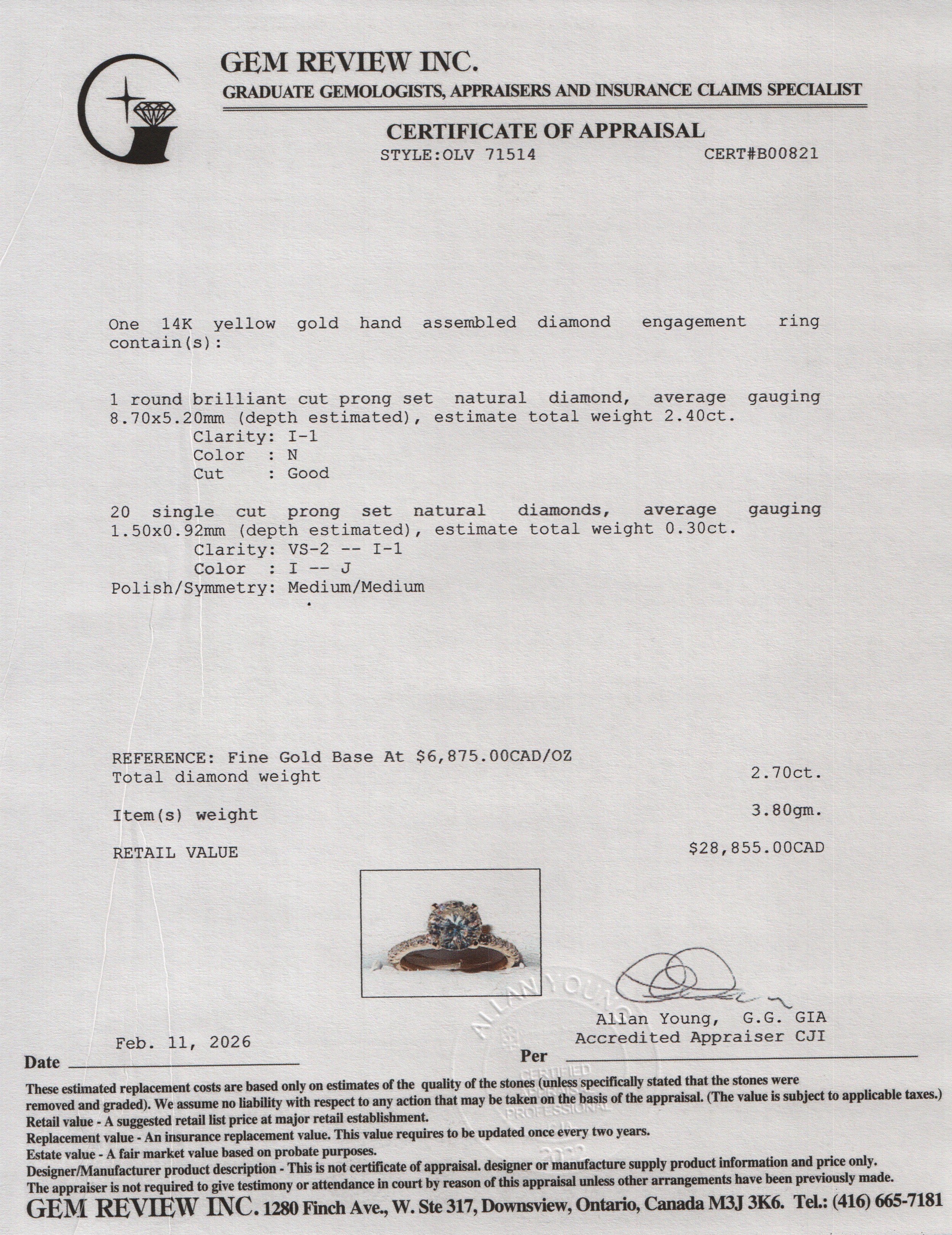 14k Yellow Gold 2.70 ct. Round Cut Diamond Engagement Ring, Size 7.75