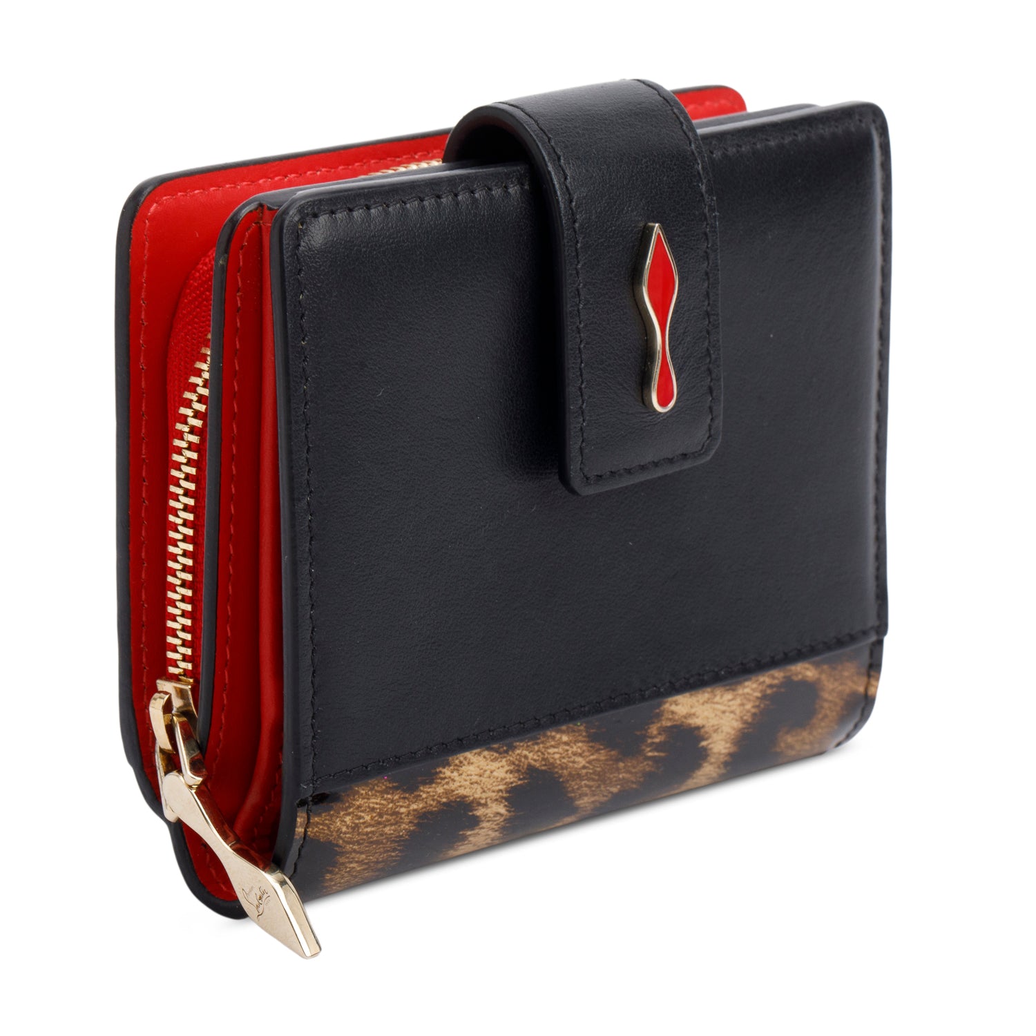Christian Louboutin Black Calfskin & Leopard Print Patent Leather Mini Paloma Wallet w/ Box