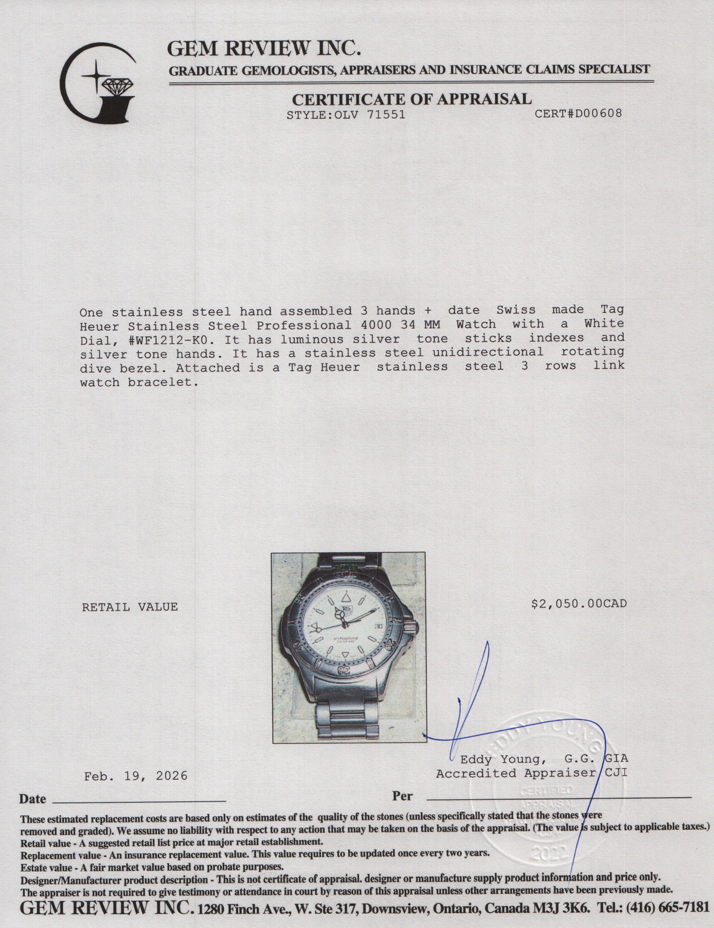 Tag Heuer Stainless Steel Professional 4000 34 MM Watch White Dial WF1212-K0