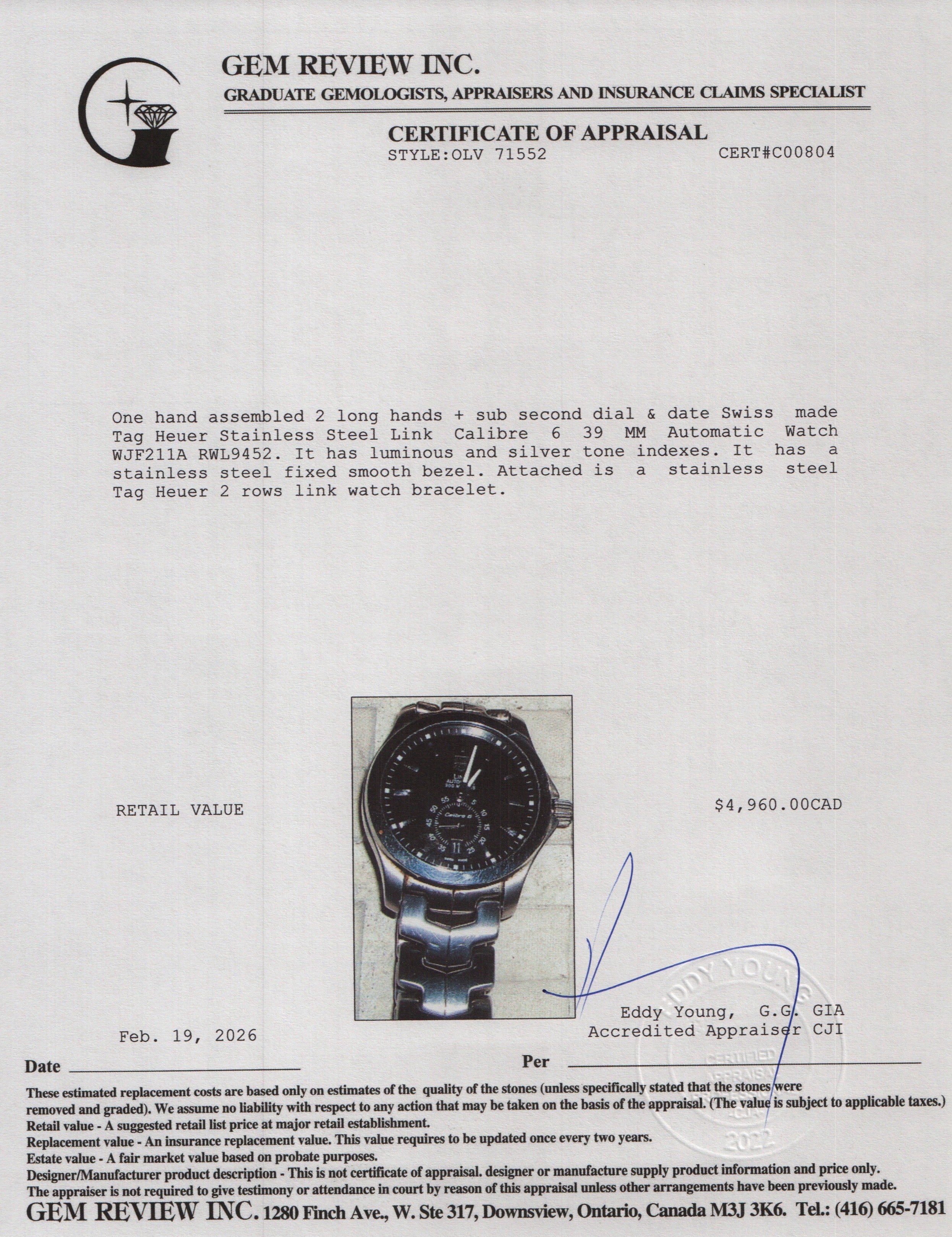 Tag Heuer Stainless Steel Link Calibre 6 39 MM Automatic Watch WJF211A w/ Papers