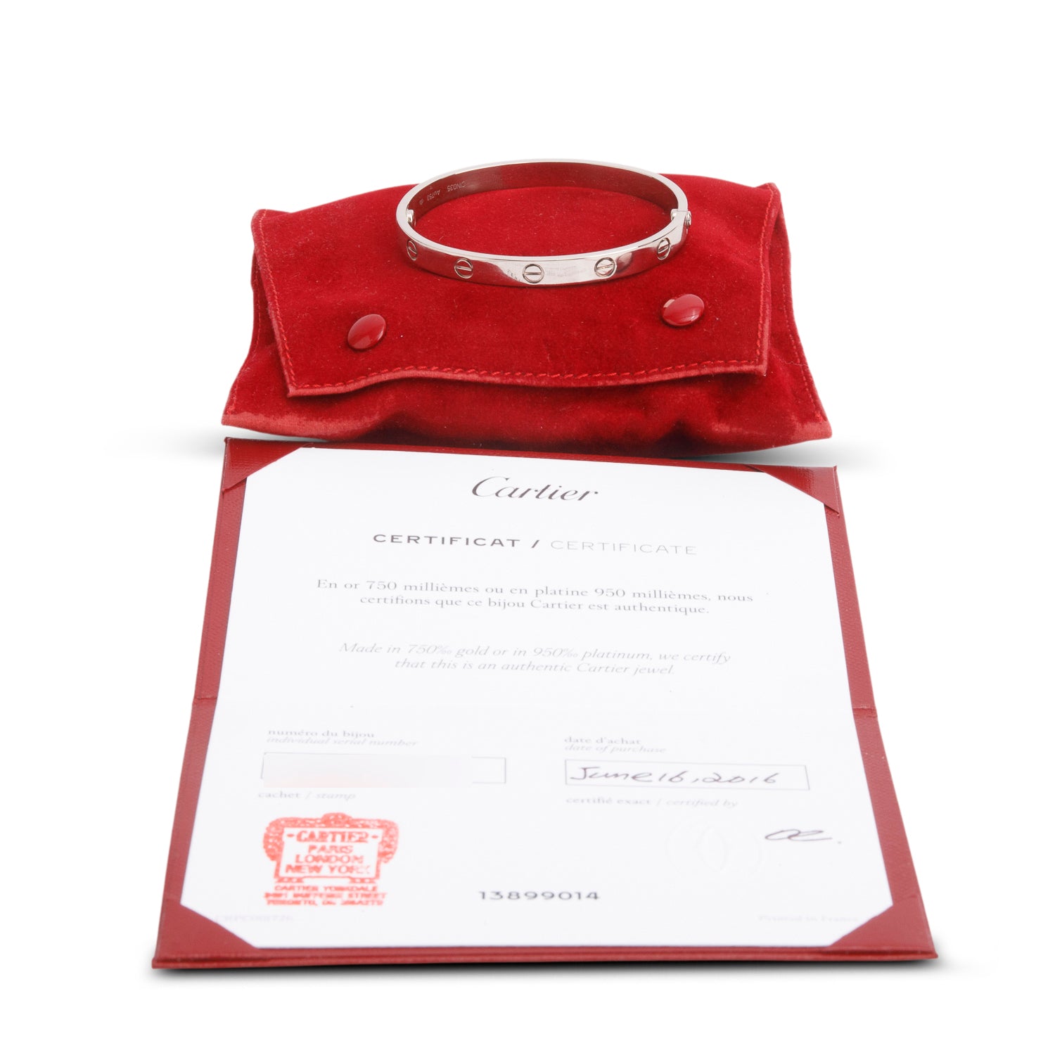 Cartier 18k White Gold Love Bracelet, Classic Model, Size 17 w/ Pouch & Certificate