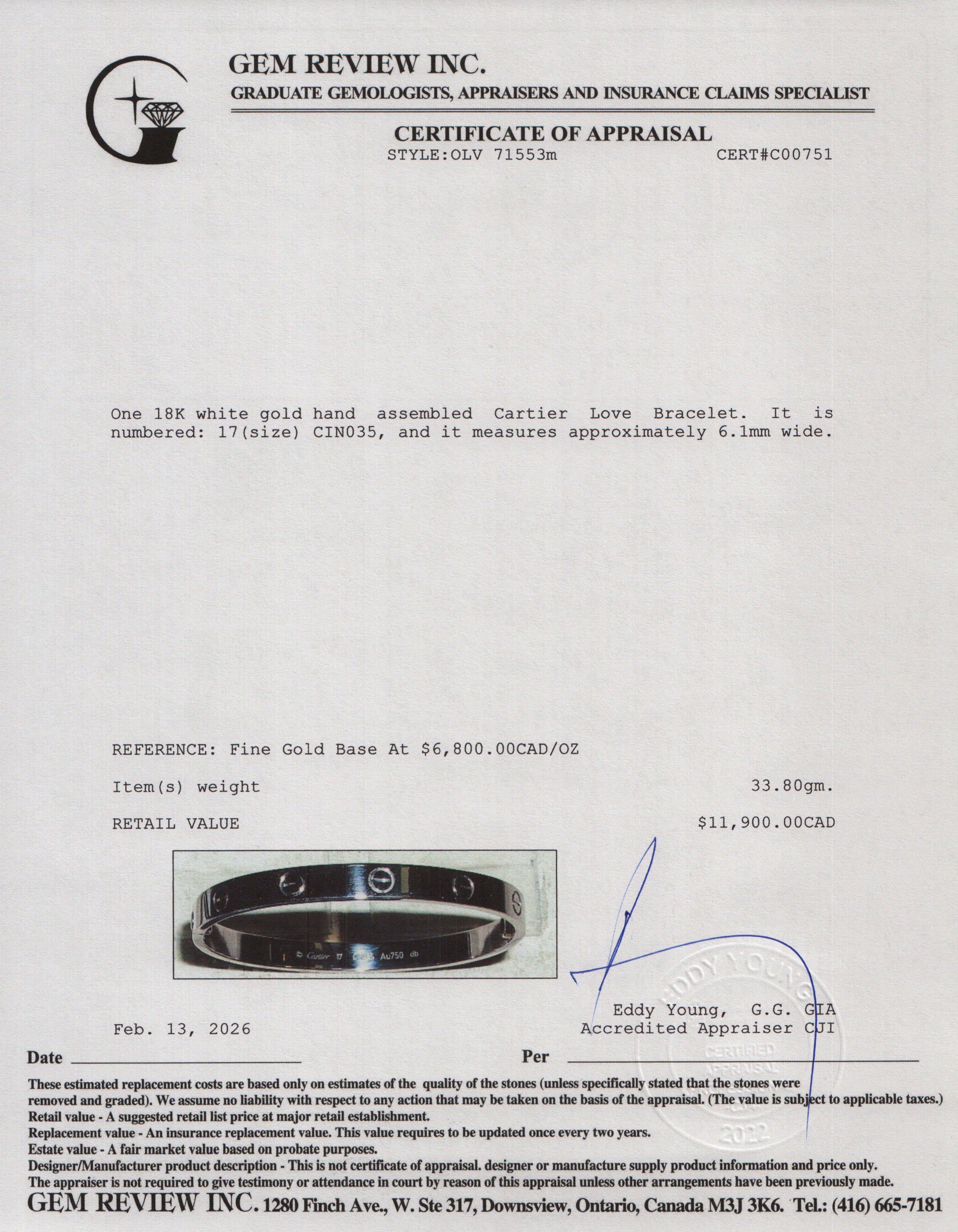 Cartier 18k White Gold Love Bracelet, Classic Model, Size 17 w/ Pouch & Certificate