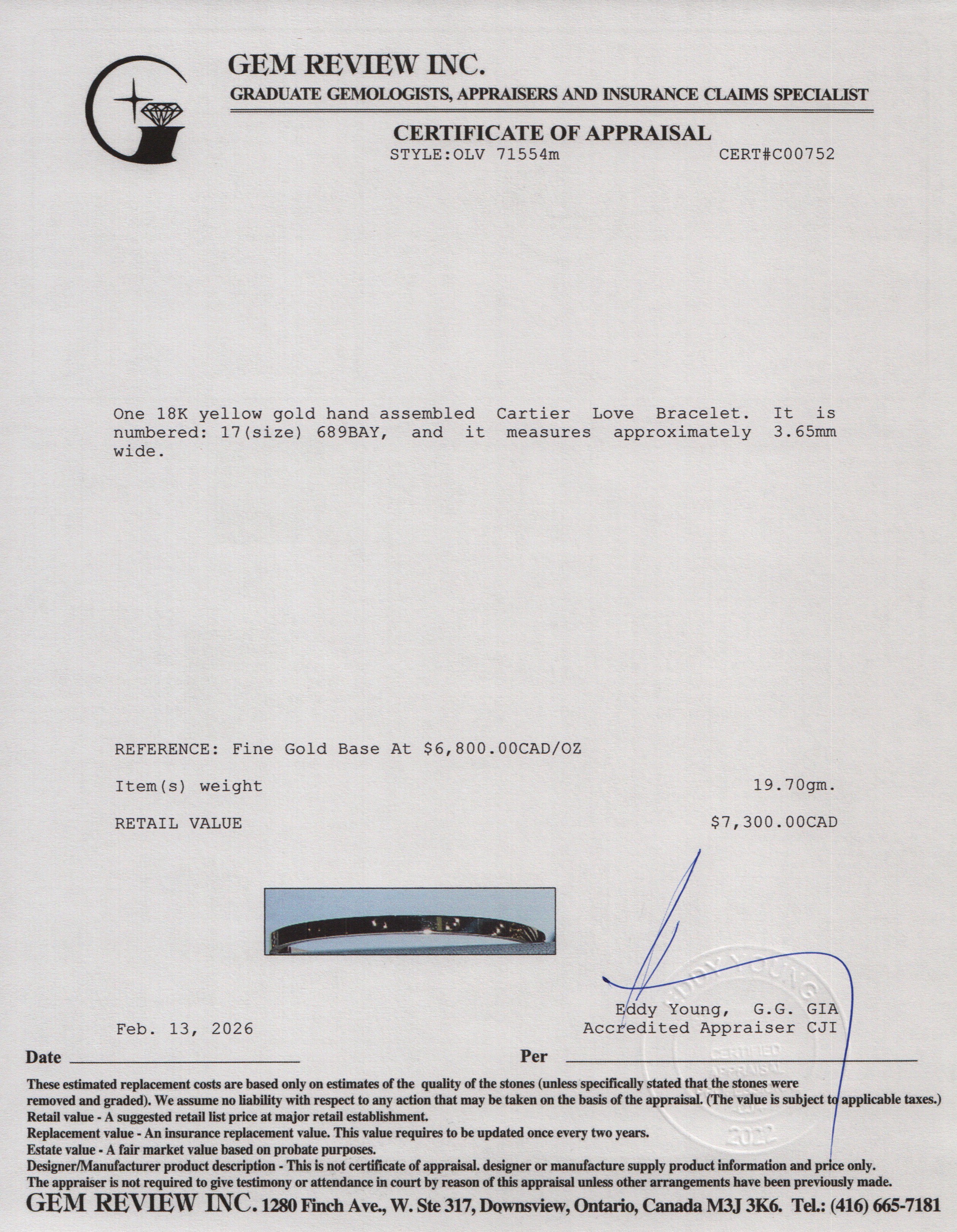 Cartier 18k Yellow Gold 3.65 MM Love Bracelet, Small Model, Size 17