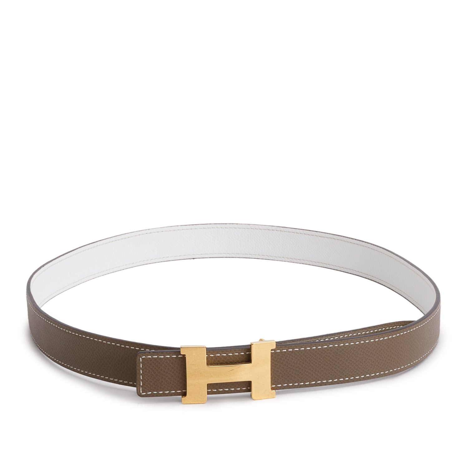 Hermes Blanc Etoupe Swift Epsom Leather Reversible 24mm H Belt, Size 85