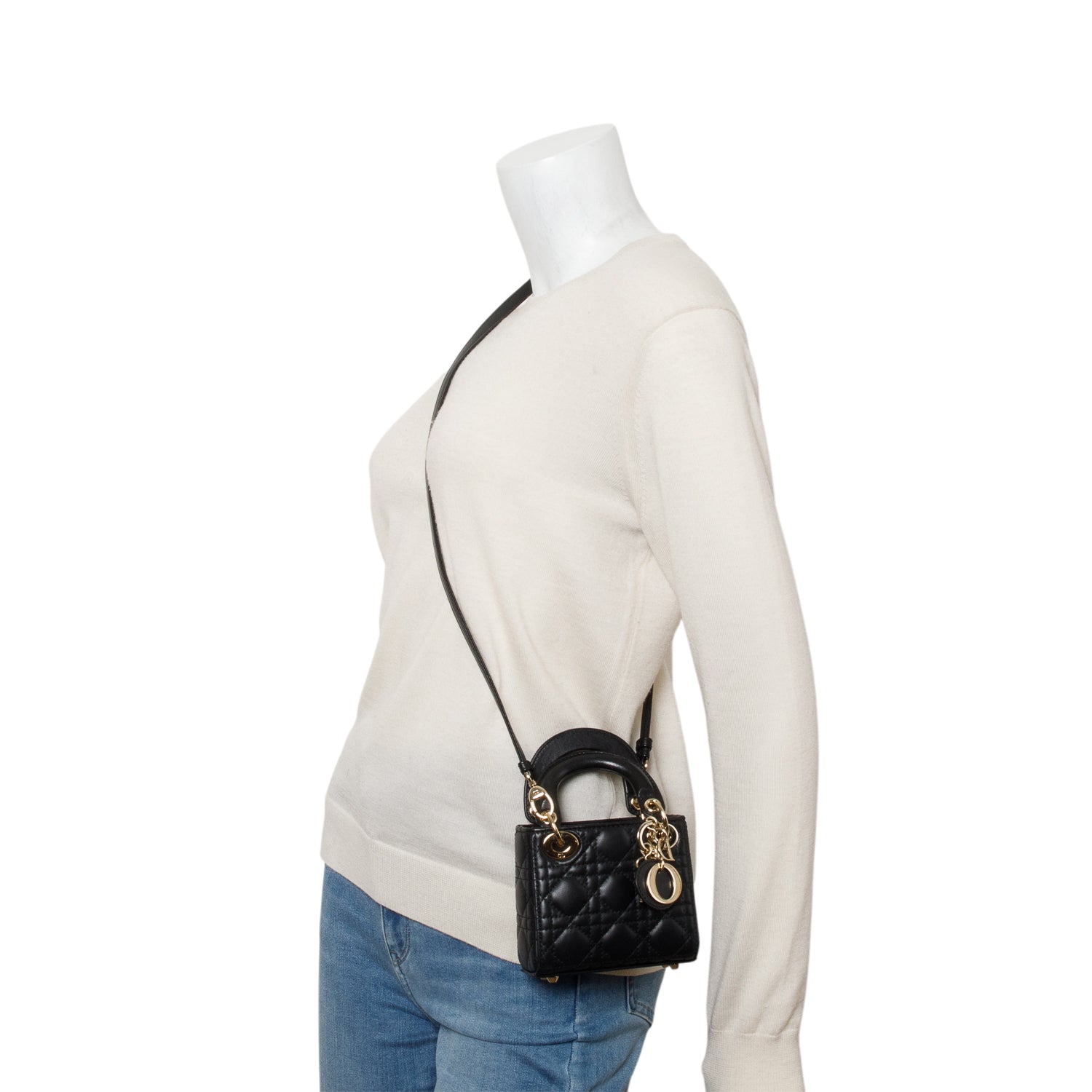 Christian Dior 2023 Black Lambskin Cannage Micro Lady Dior w/ Box, Strap & Authenticity Card