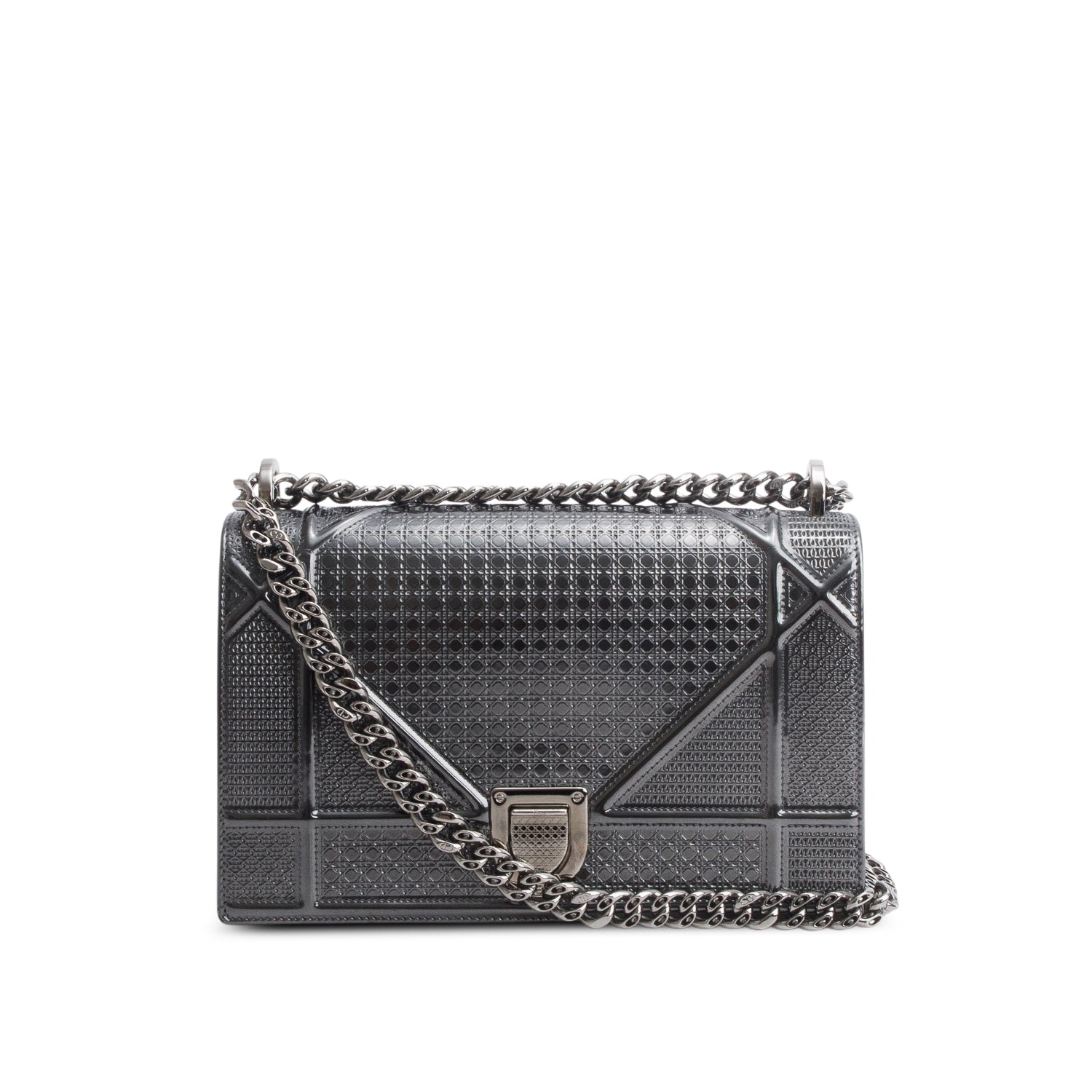 Christian Dior Grey Metallic Patent Micro-Cannage Medium Diorama Flap Bag
