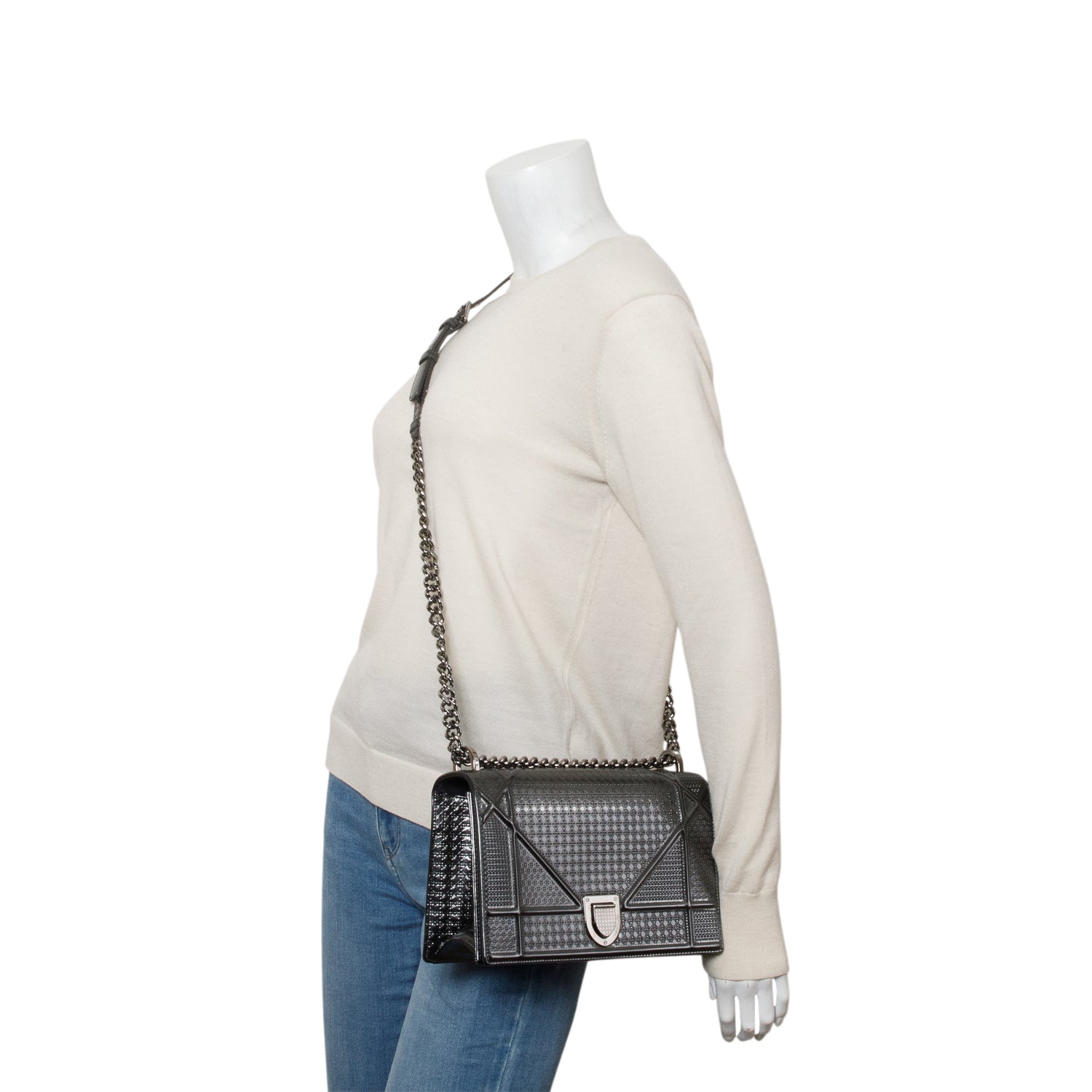 Christian Dior Grey Metallic Patent Micro-Cannage Medium Diorama Flap Bag