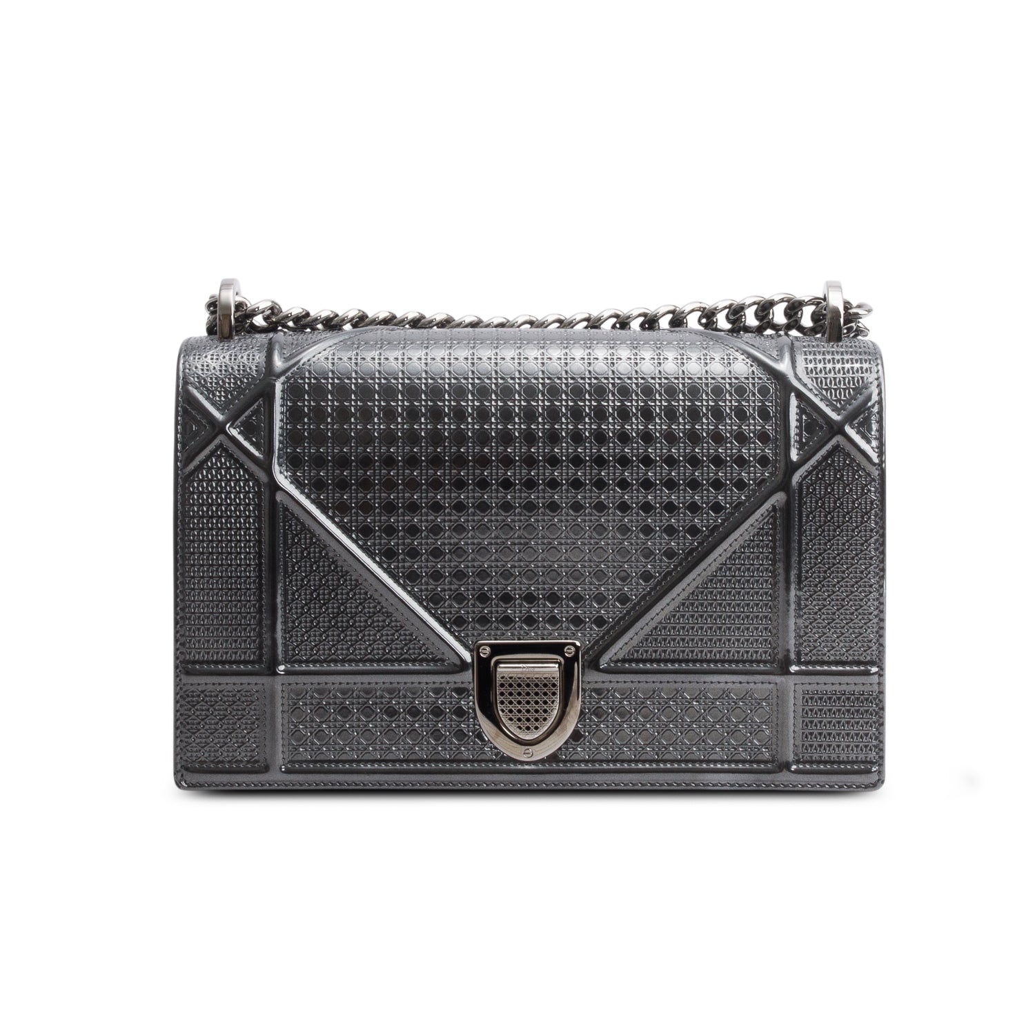 Christian Dior Grey Metallic Patent Micro-Cannage Medium Diorama Flap Bag
