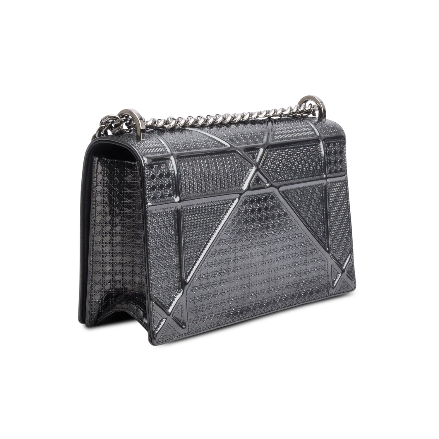 Christian Dior Grey Metallic Patent Micro-Cannage Medium Diorama Flap Bag