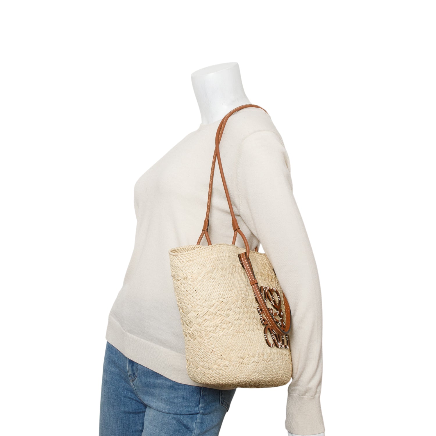 Loewe 2023 Calfskin Raffia Paulas Ibiza Medium Anagram Basket Tote Bag