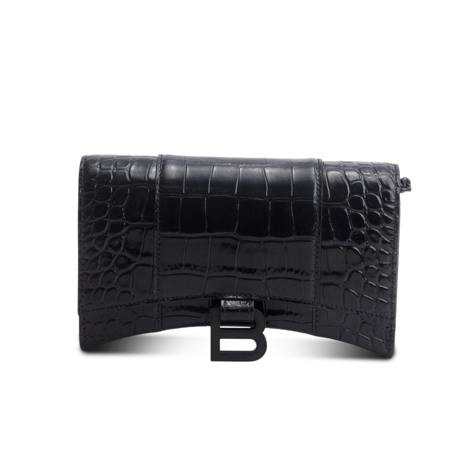 Balenciaga Black Shiny Croc Embossed Calfskin Monochrome Hourglass Wallet on Chain