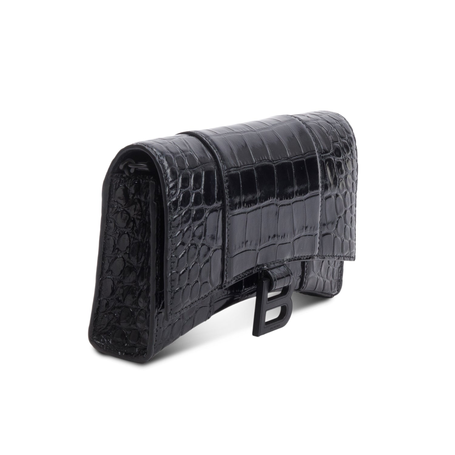 Balenciaga Black Shiny Croc Embossed Calfskin Monochrome Hourglass Wallet on Chain
