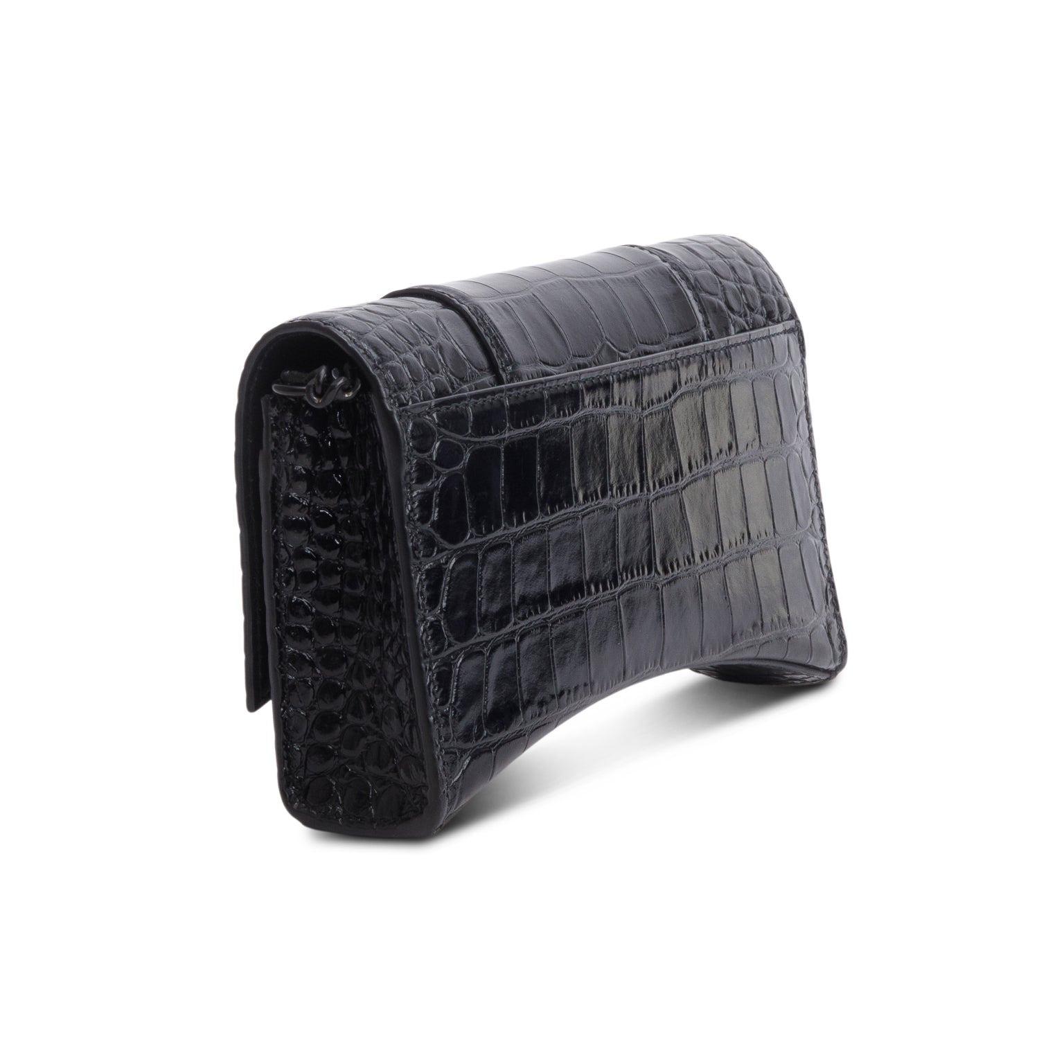 Balenciaga Black Shiny Croc Embossed Calfskin Monochrome Hourglass Wallet on Chain