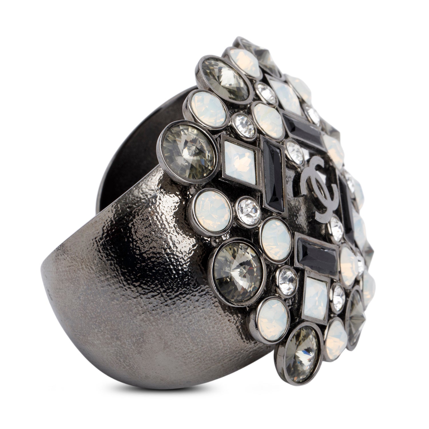 Chanel Rhodium Plated Crystal CC Wide Cuff Bracelet