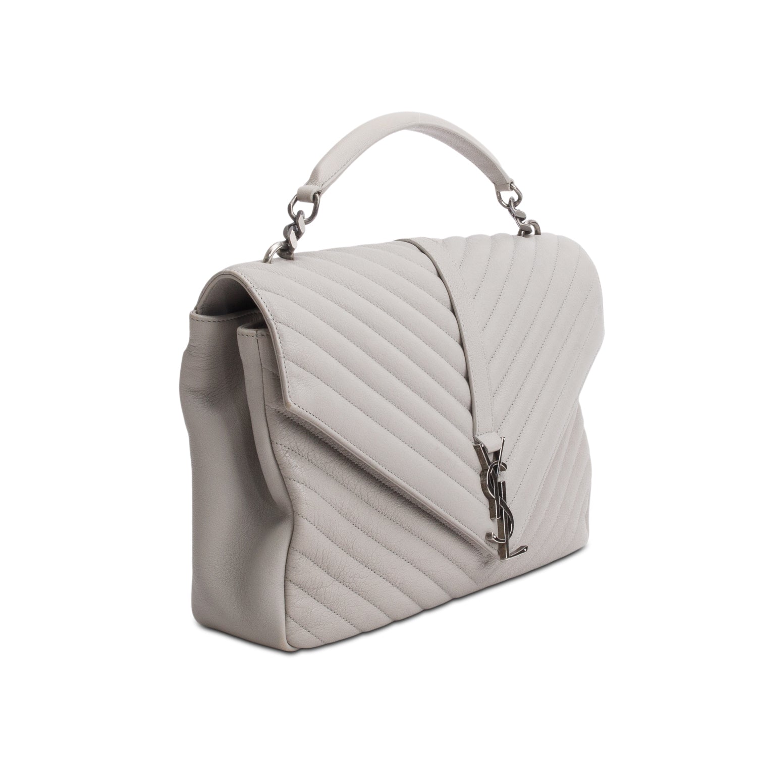 Saint Laurent Grey Sheepskin Matelasse Chevron Monogram Large College Satchel
