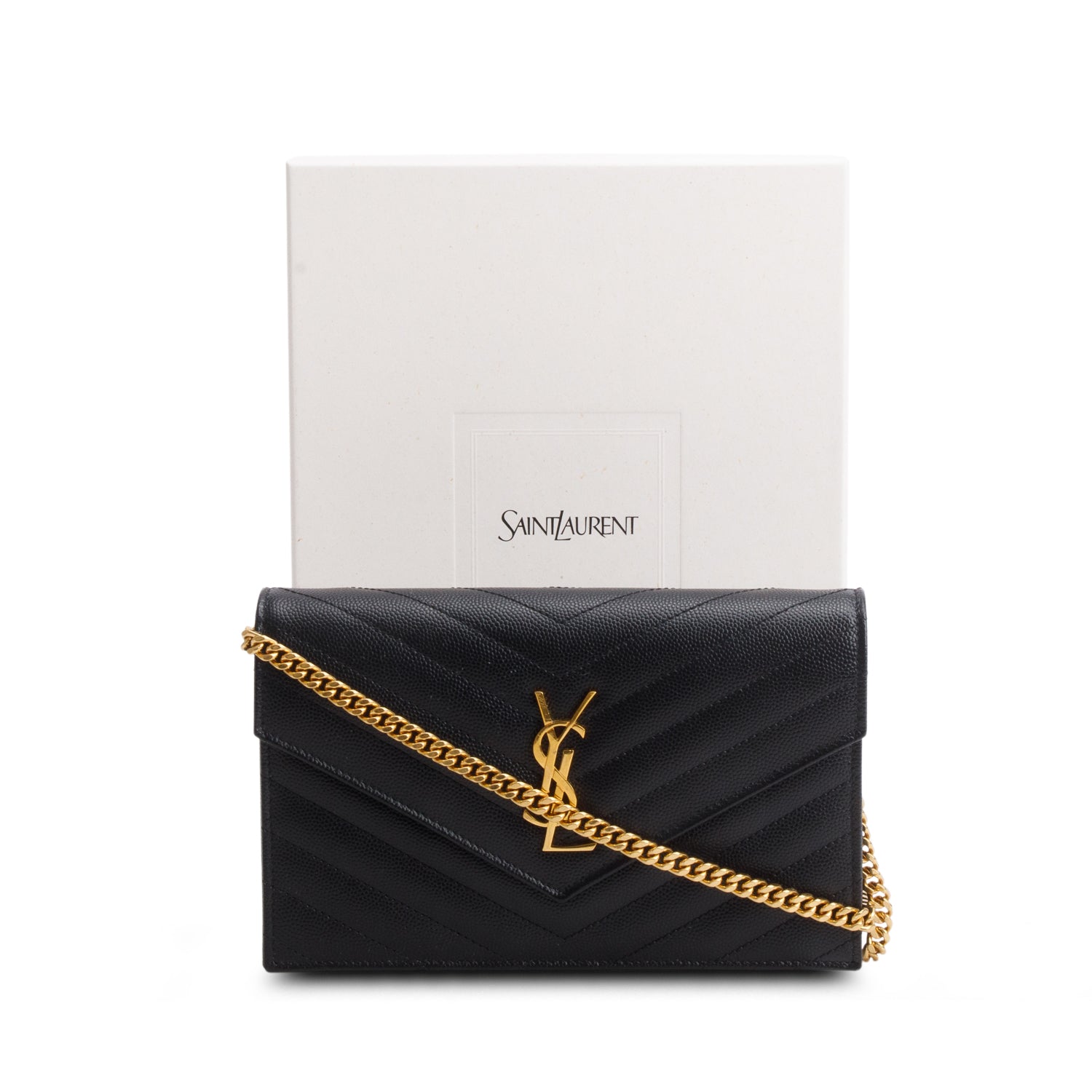Saint Laurent 2024 Black Grain de Poudre Matelasse Chevron Monogram Chain Wallet w/ Box & Receipt