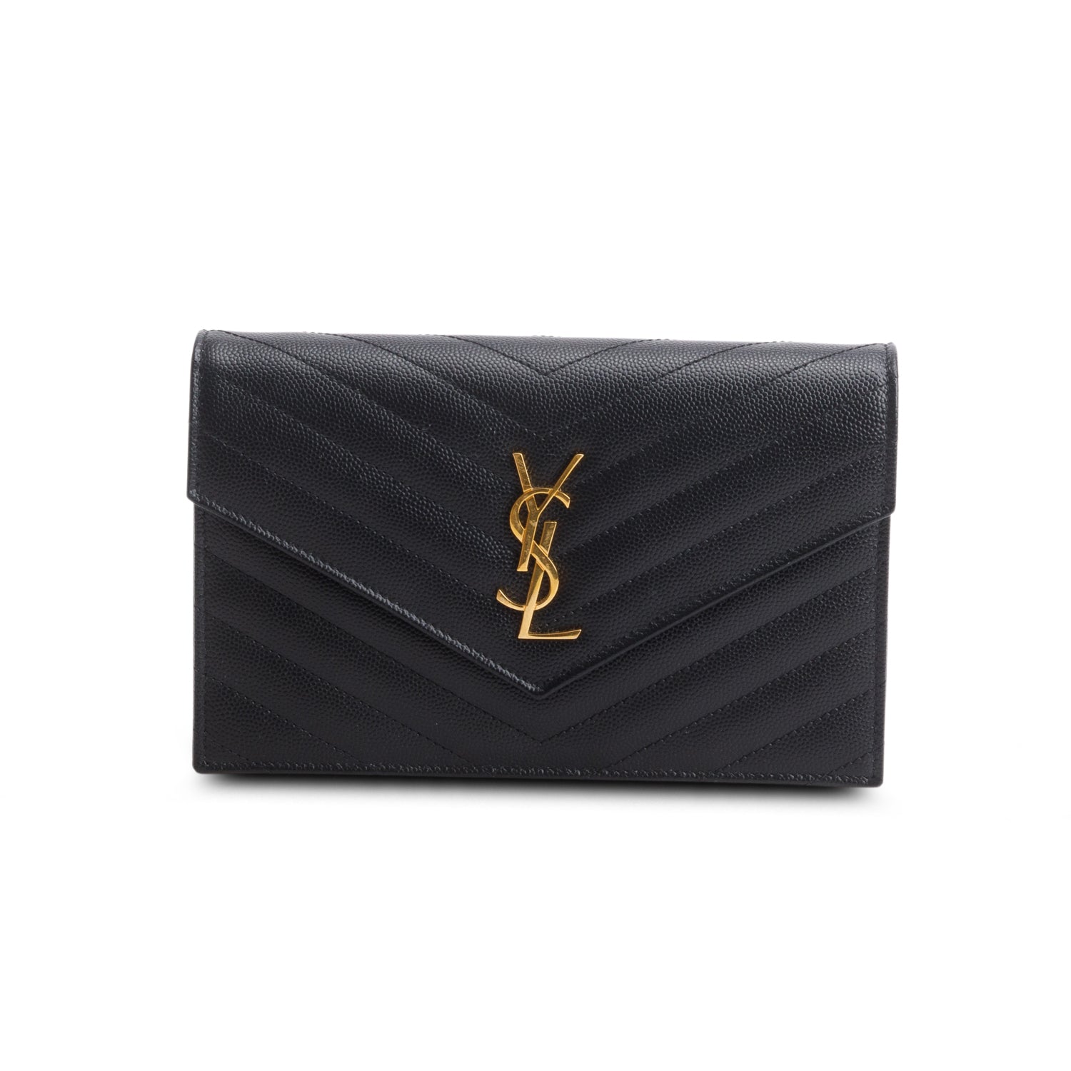 Saint Laurent 2024 Black Grain de Poudre Matelasse Chevron Monogram Chain Wallet w/ Box & Receipt