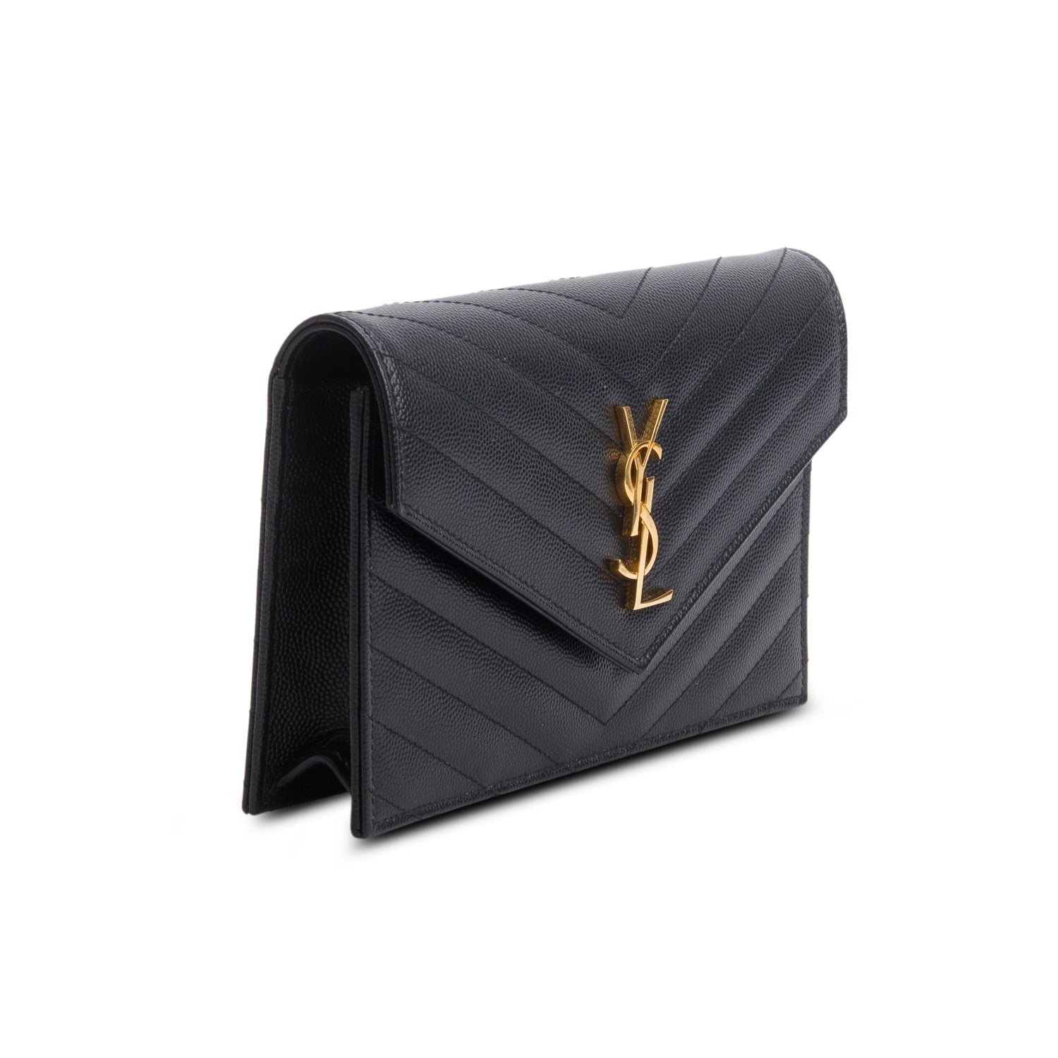 Saint Laurent 2024 Black Grain de Poudre Matelasse Chevron Monogram Chain Wallet w/ Box & Receipt