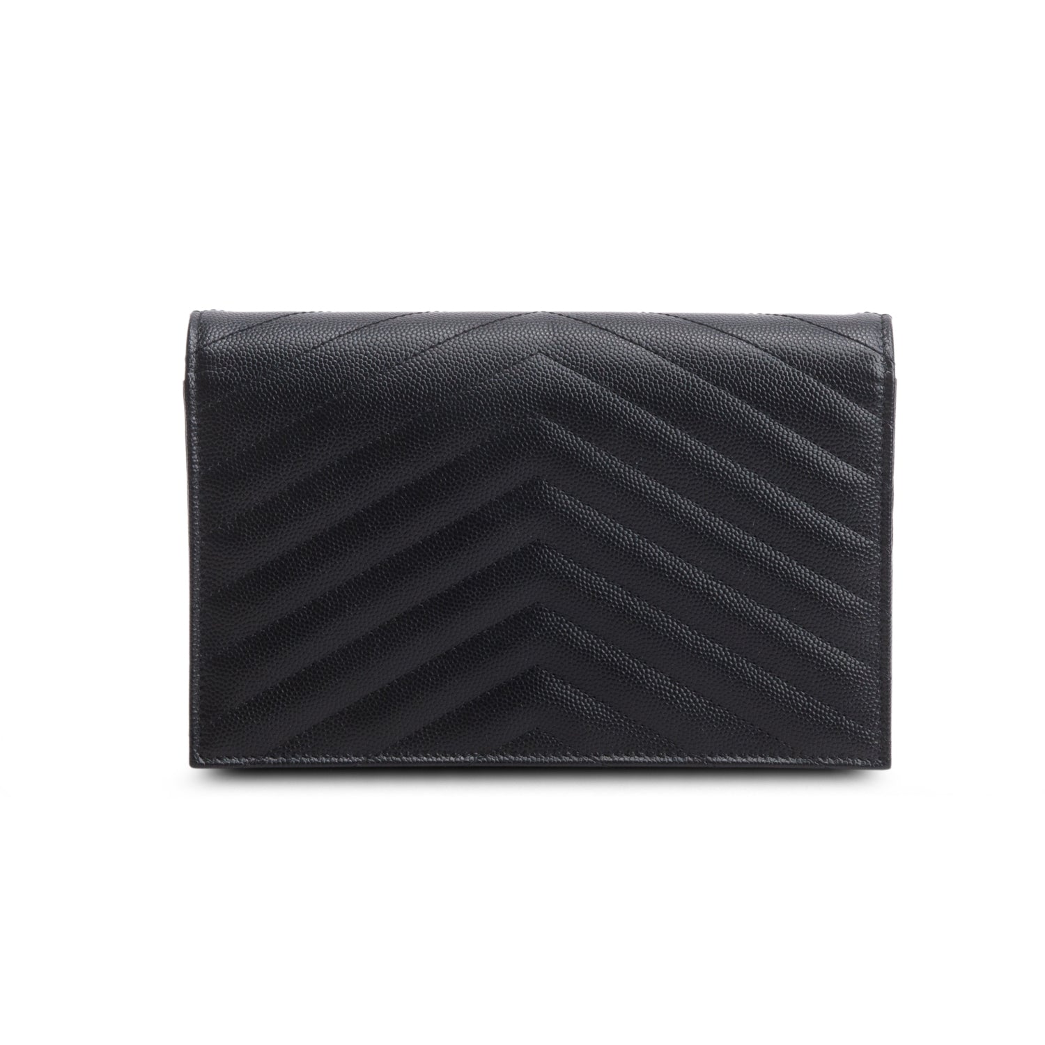Saint Laurent 2024 Black Grain de Poudre Matelasse Chevron Monogram Chain Wallet w/ Box & Receipt