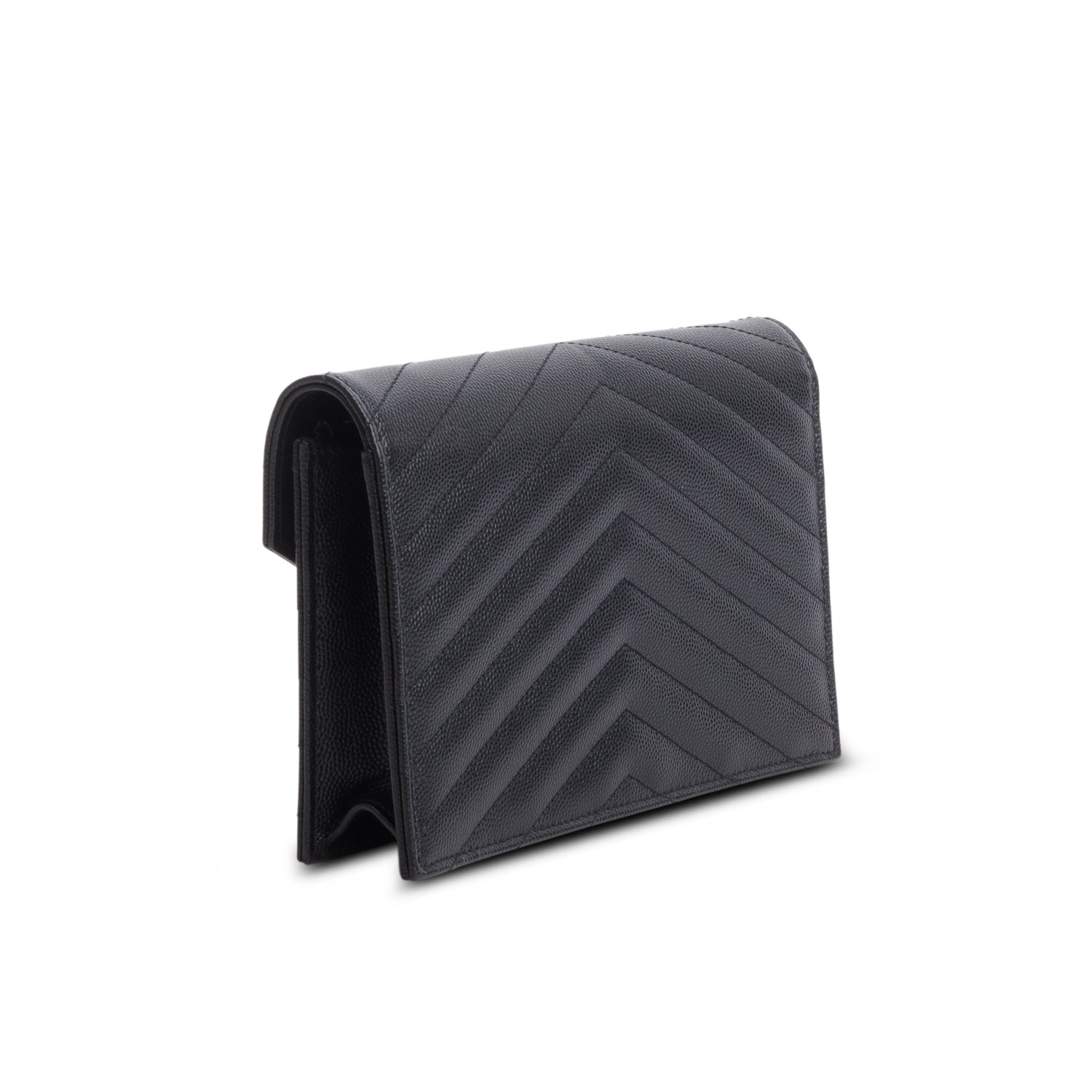 Saint Laurent 2024 Black Grain de Poudre Matelasse Chevron Monogram Chain Wallet w/ Box & Receipt