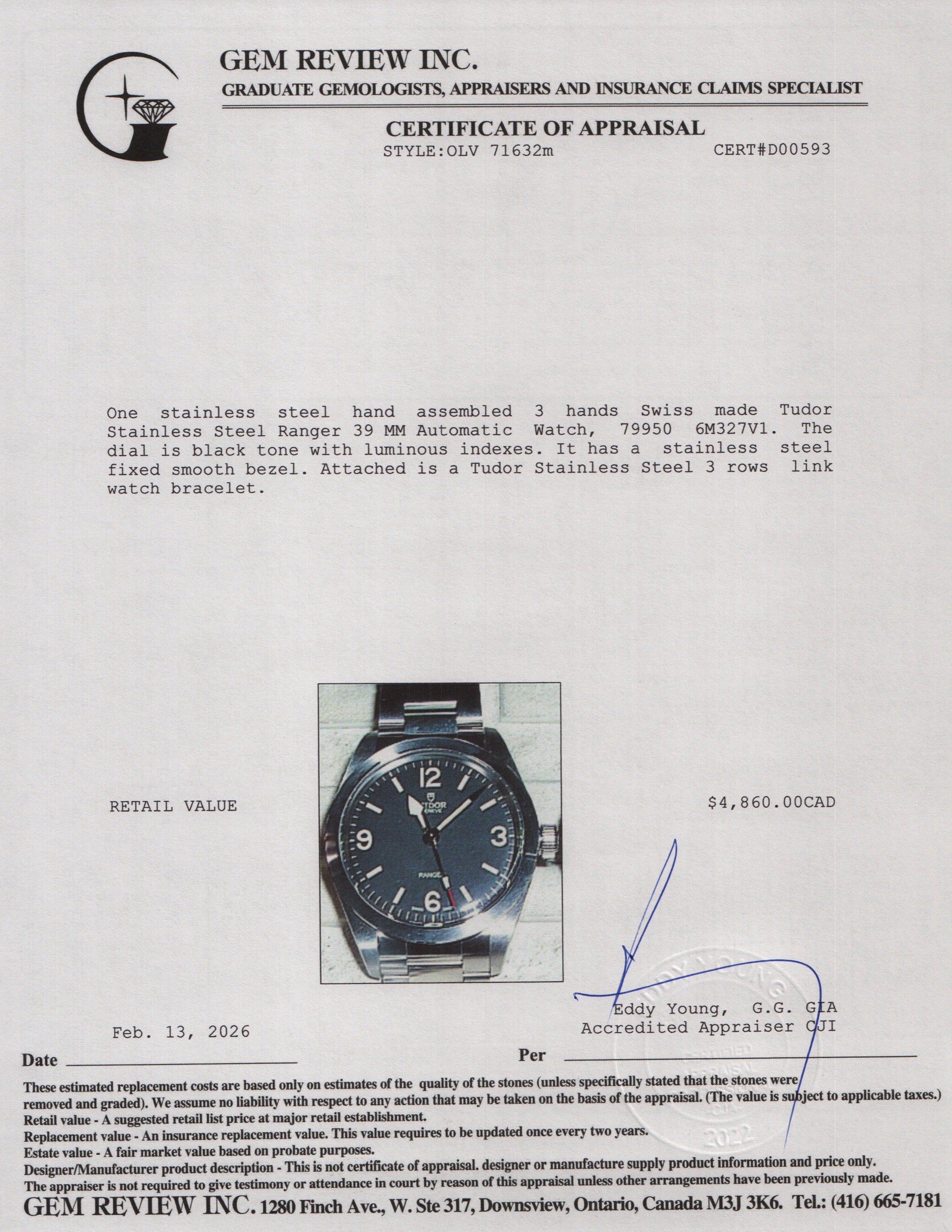 Tudor 2025 Stainless Steel Ranger 39 MM Automatic Watch Black Dial 79950 w/ Box & Papers