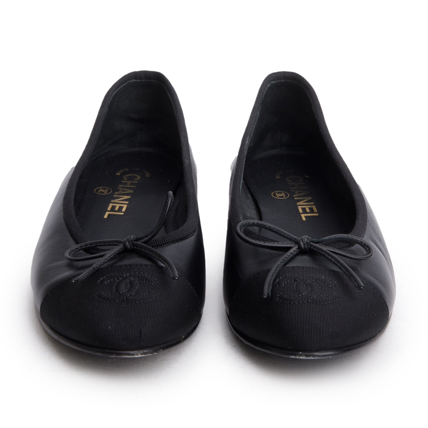 Chanel Black Lambskin CC Cap Toe Ballerina Flats, Women's Size 37 w/ Box