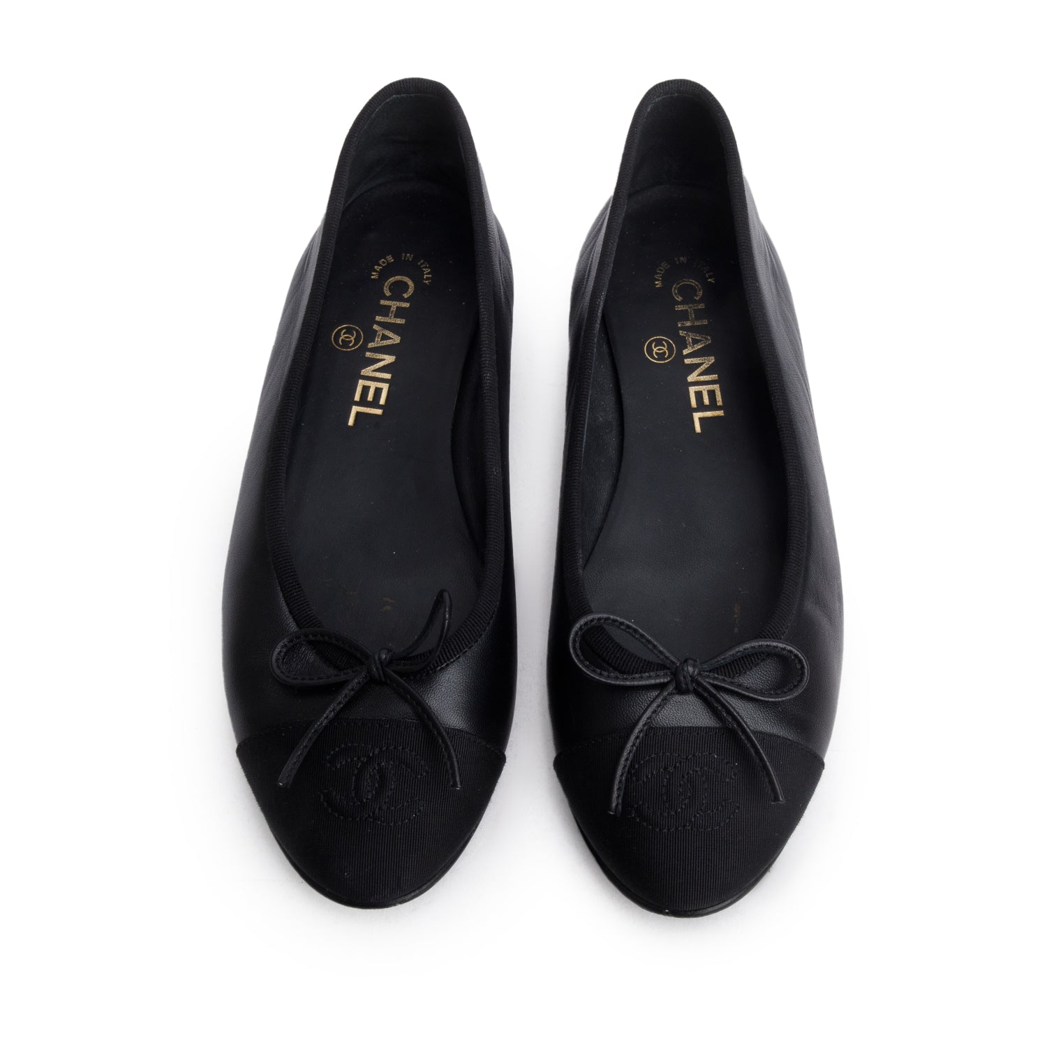 Chanel Black Lambskin CC Cap Toe Ballerina Flats, Women's Size 37 w/ Box