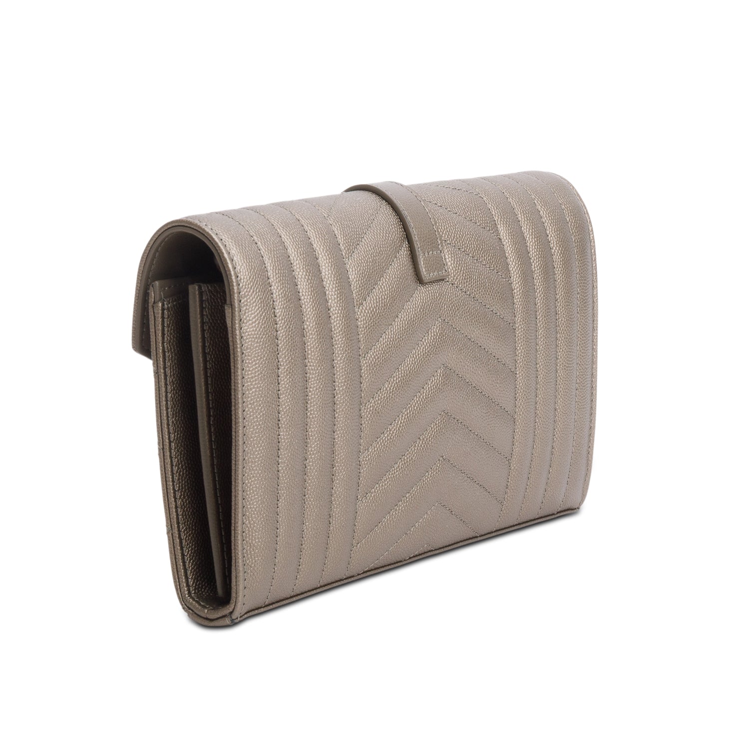 Saint Laurent 2023 Metallic Taupe Grain de Poudre Mixed Matelasse Triquilt Monogram Chain Wallet