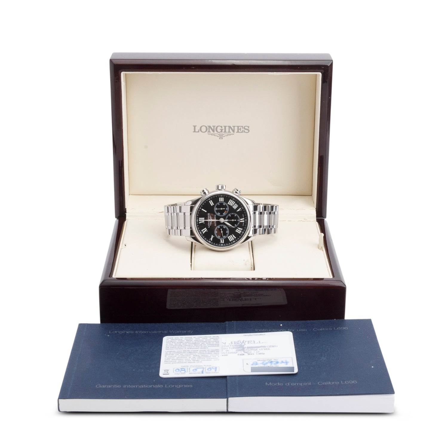 Longines Stainless Steel Master Collection 44 MM Chronograph Automatic Watch Black Dial w/ Box & Papers