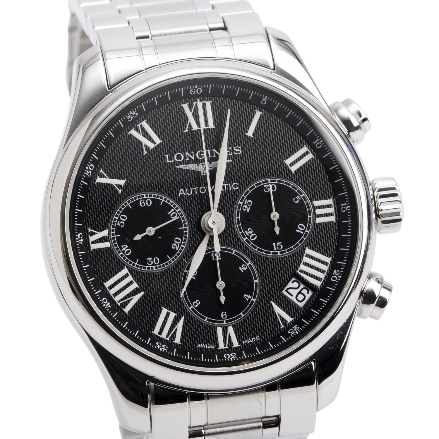 Longines Stainless Steel Master Collection 44 MM Chronograph Automatic Watch Black Dial w/ Box & Papers
