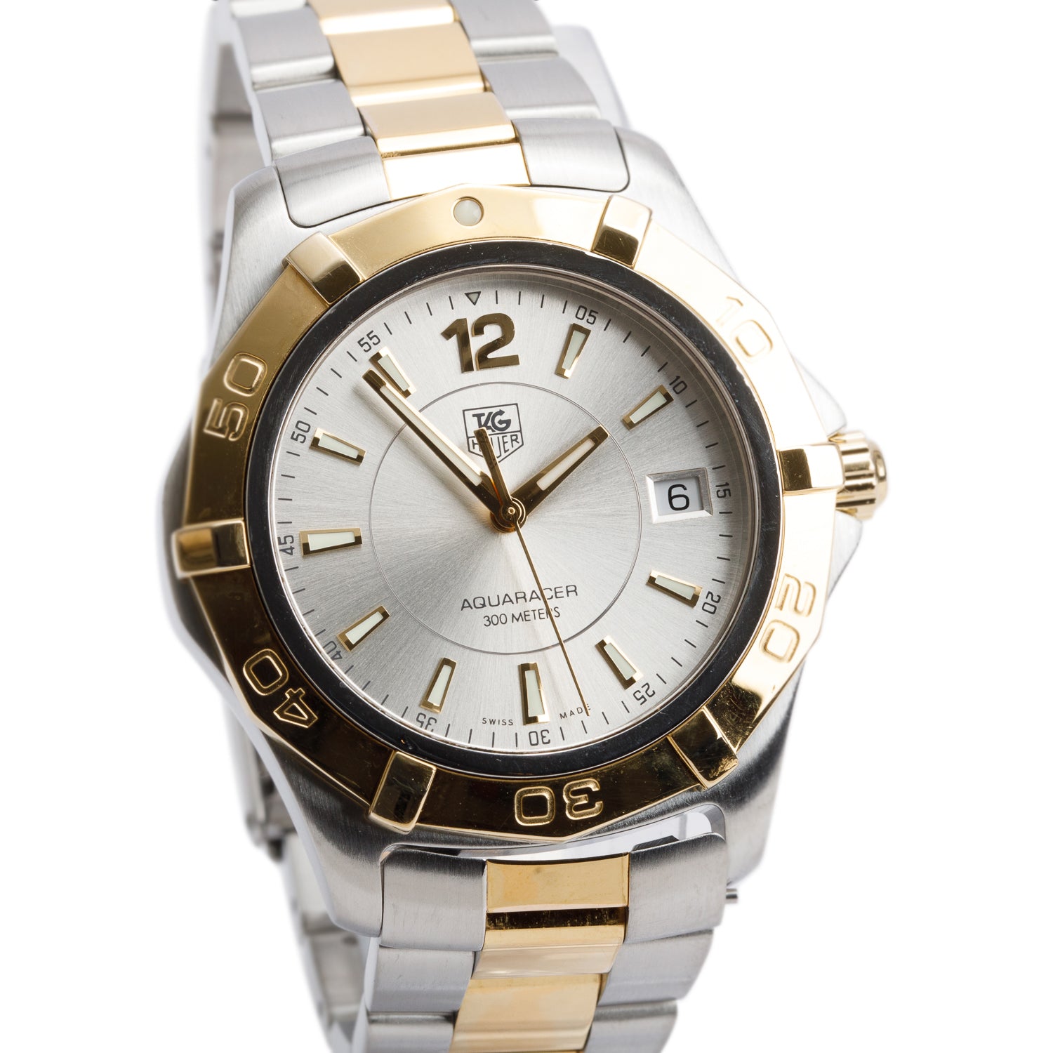Tag Heuer Stainless Steel & Yellow Gold Plated Aquaracer 39 MM Quartz Watch Silver Dial WAF1120