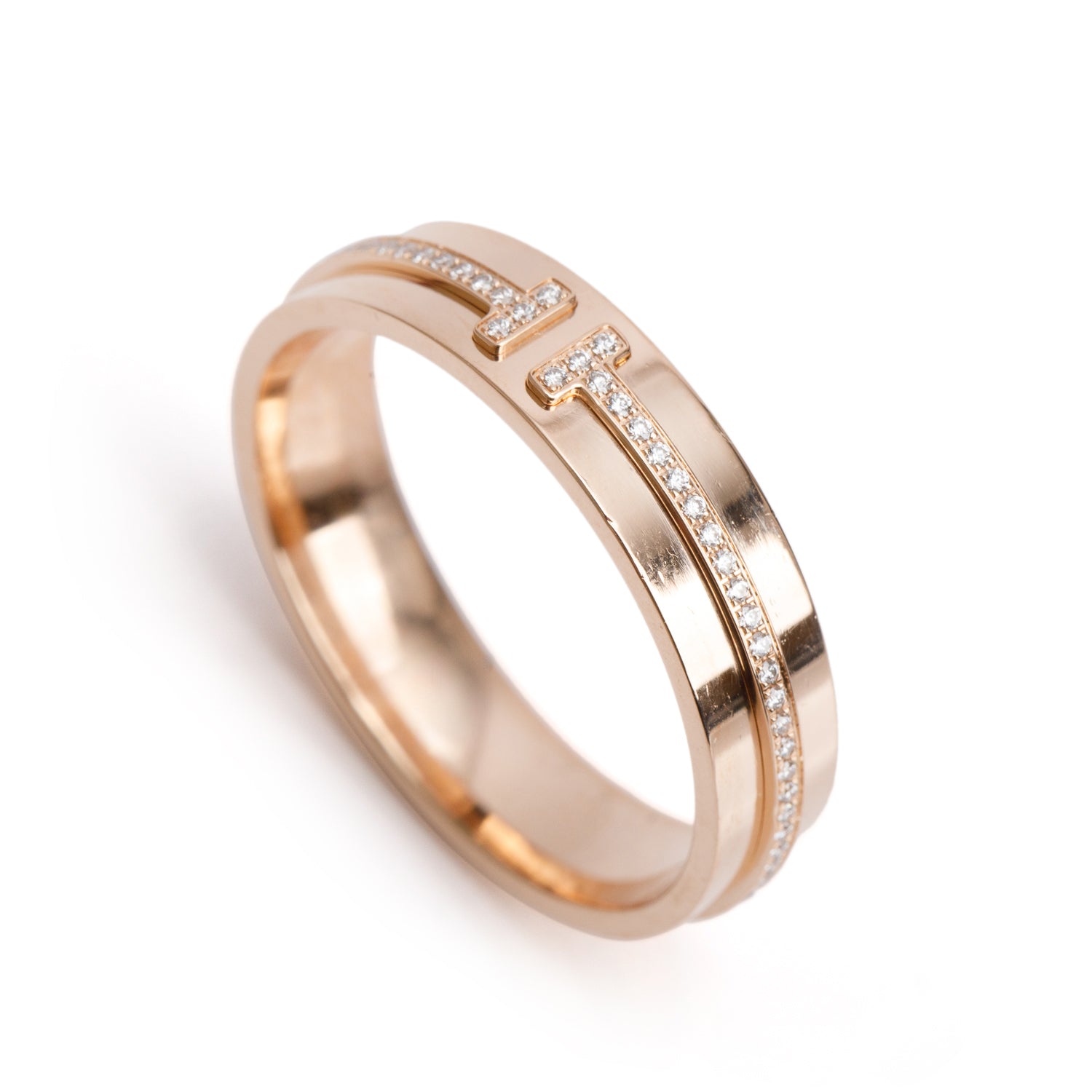 Tiffany & Co. 18k Rose Gold Diamond T 5.5 MM Wide Ring, Size 12 w/ Box & Receipt