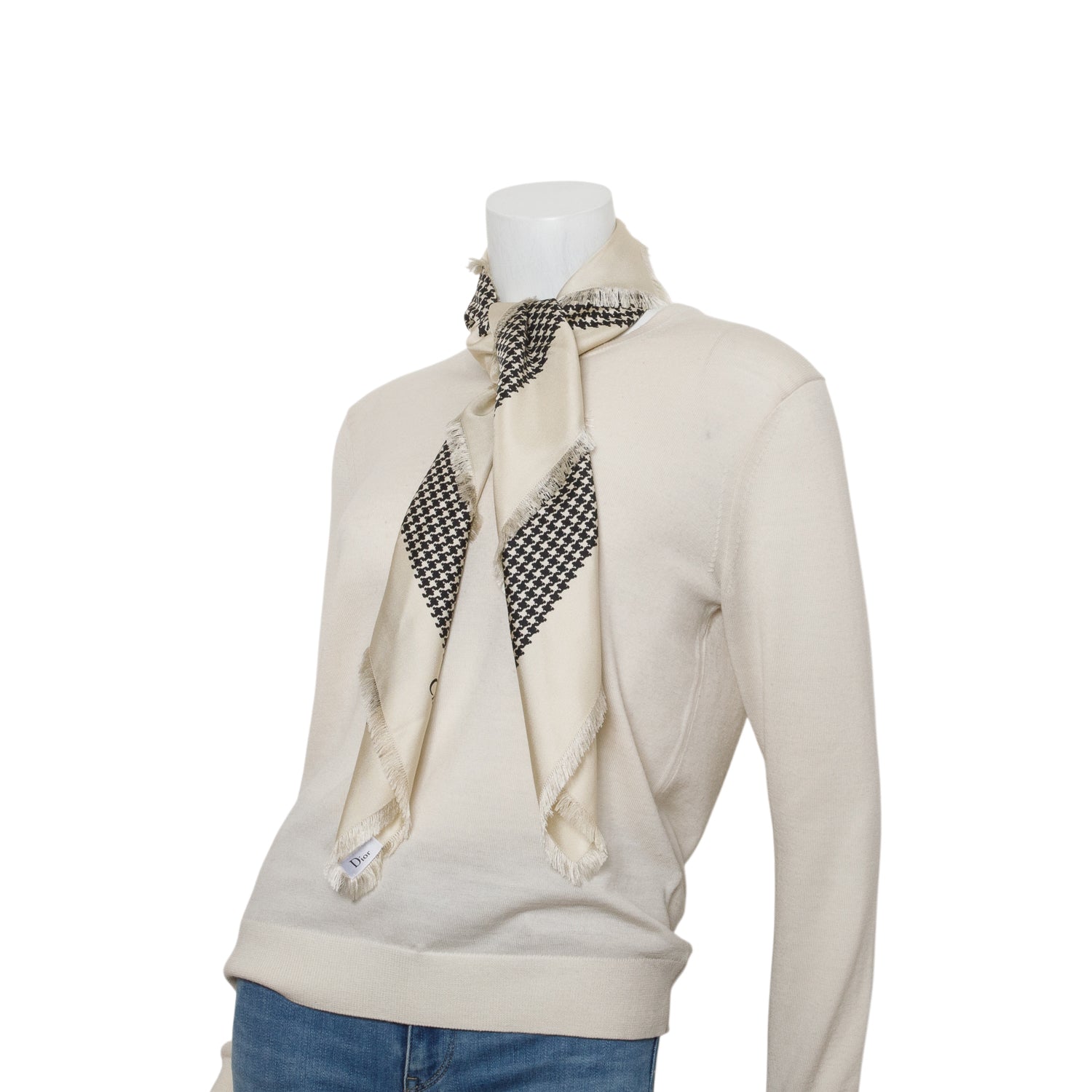 Christian Dior Cream Black Silk Houndstooth Scarf 90