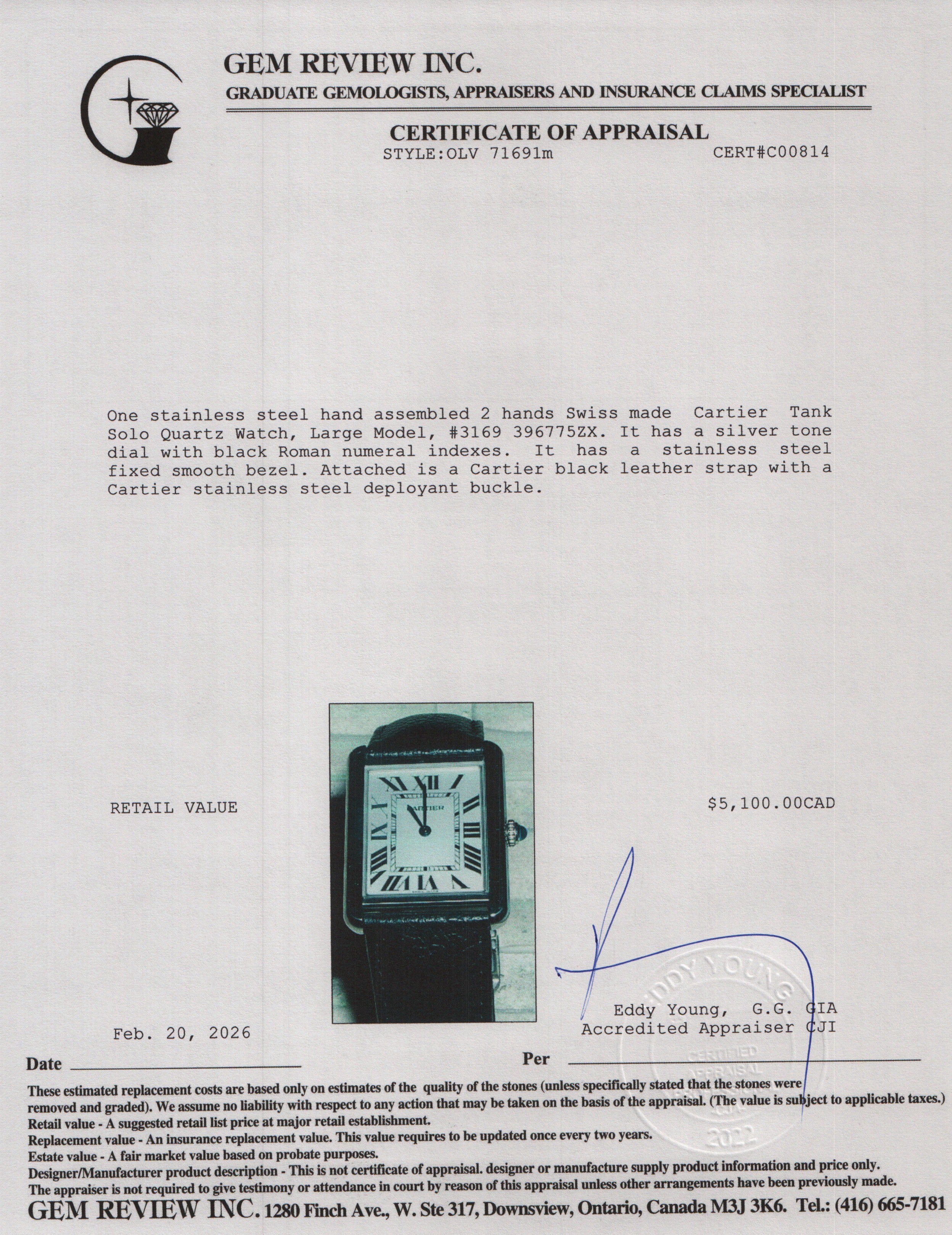 Cartier Stainless Steel Tank Solo Quartz Watch, Large Model 3169 w/ Box & Papers