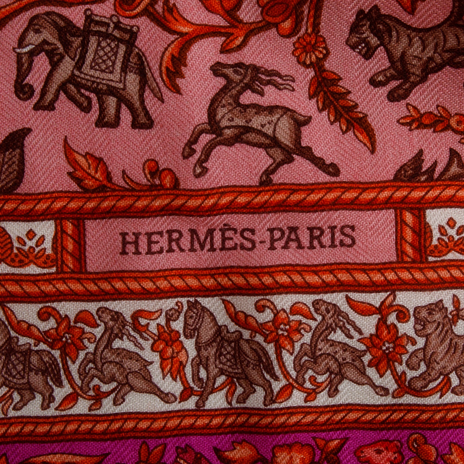 Hermes Multicolor Cashmere Silk 'Chasse en Indie' Scarf 90
