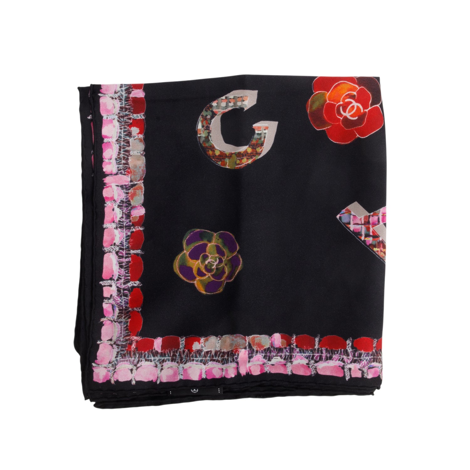 Chanel Black Silk CC Logo Tweed Camellia Print Scarf 90