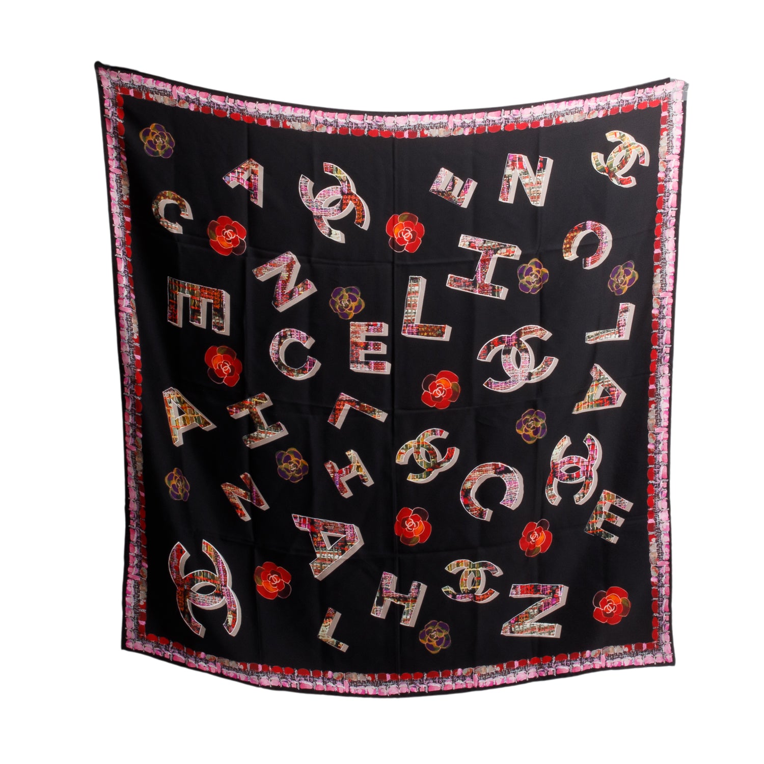 Chanel Black Silk CC Logo Tweed Camellia Print Scarf 90