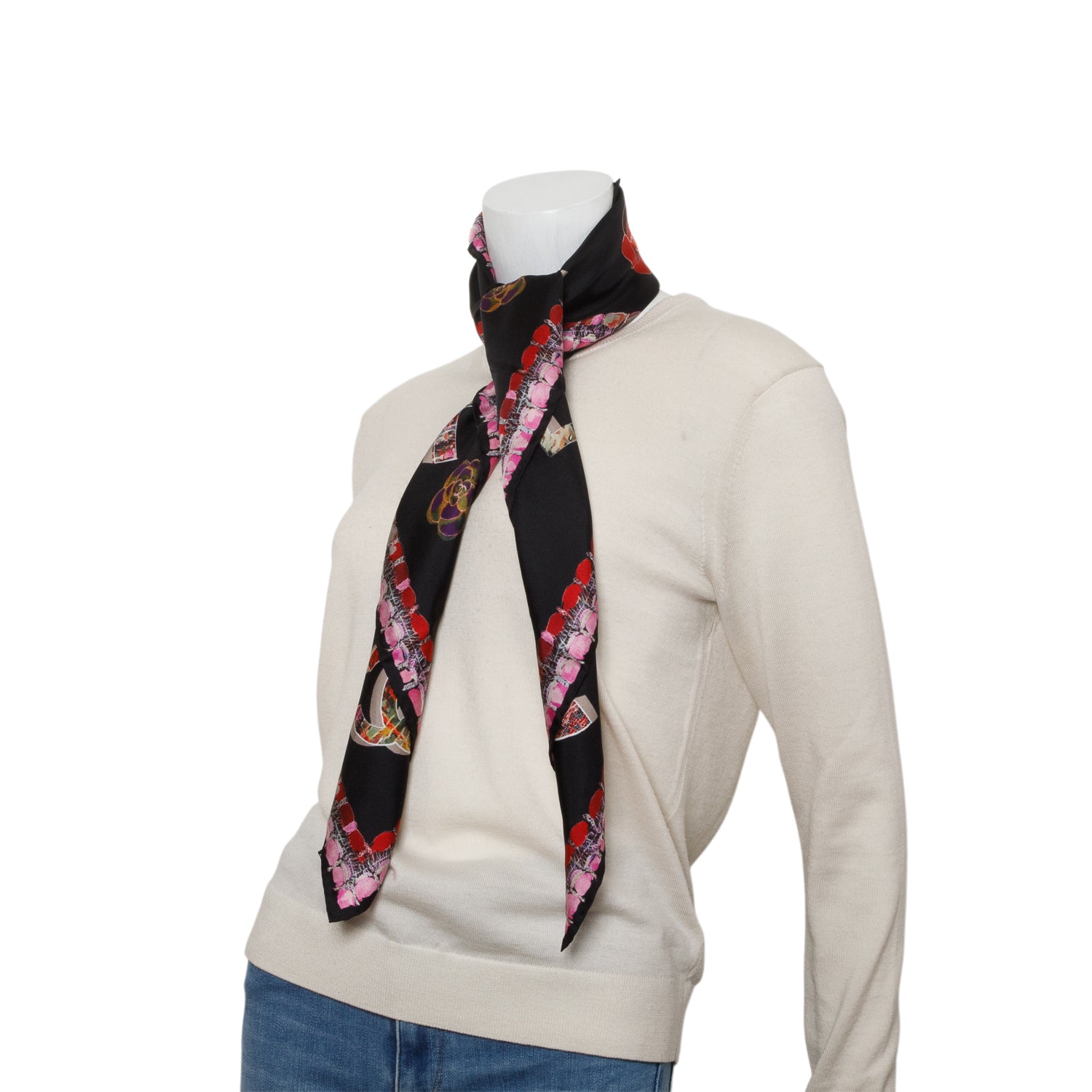 Chanel Black Silk CC Logo Tweed Camellia Print Scarf 90