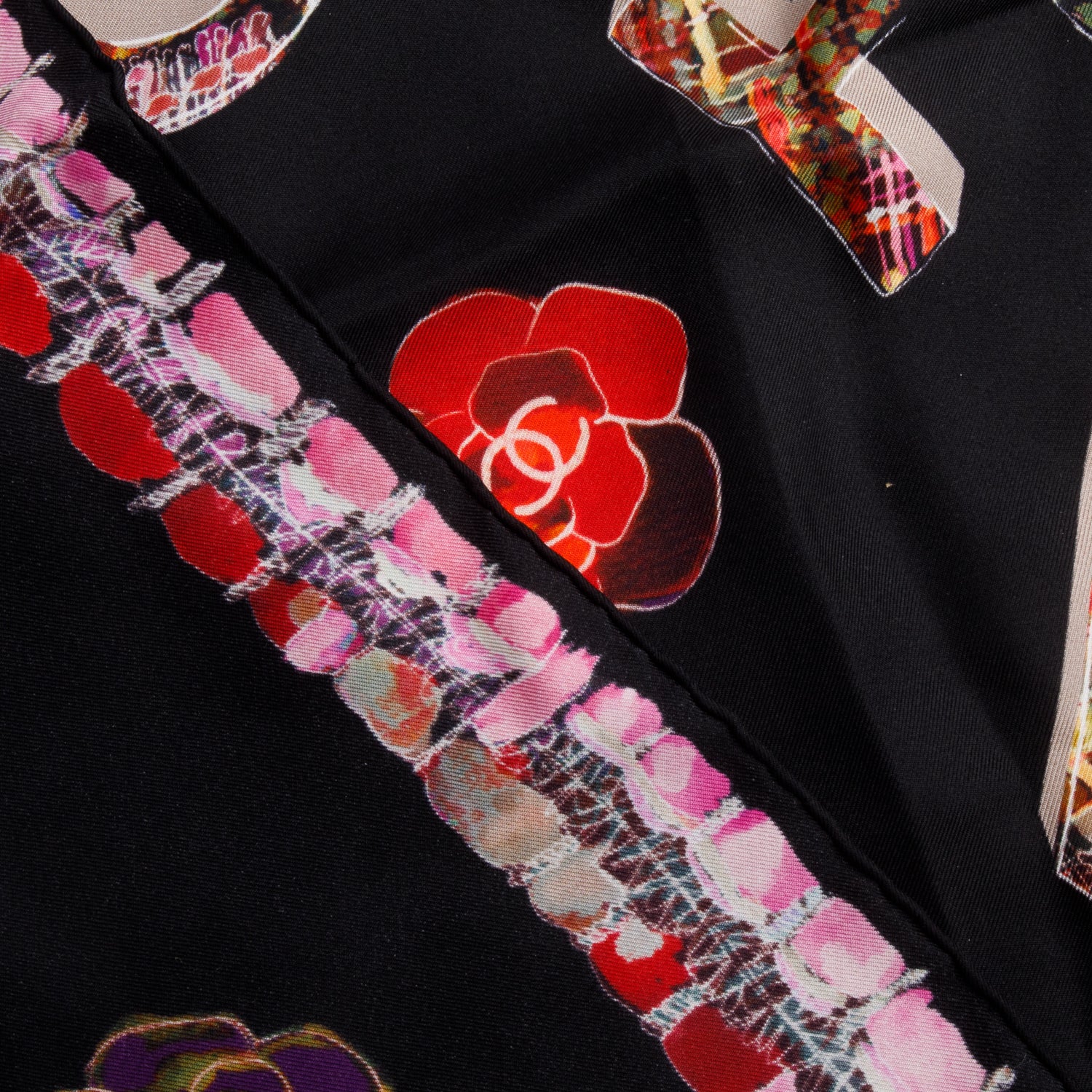 Chanel Black Silk CC Logo Tweed Camellia Print Scarf 90